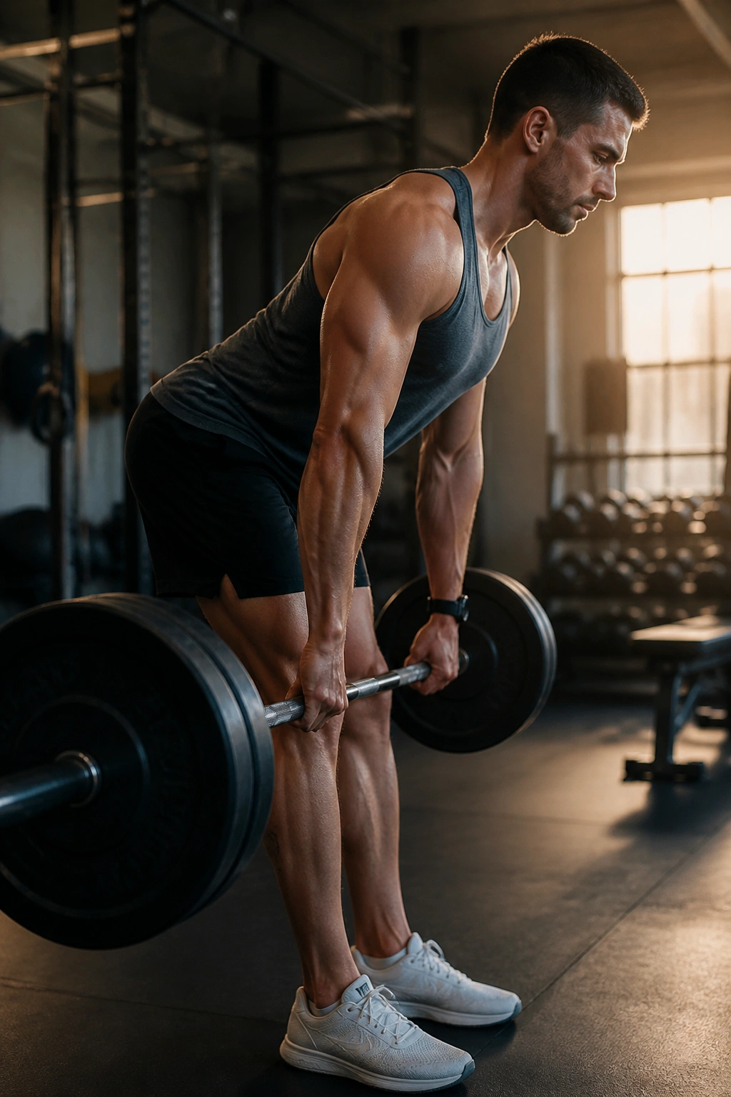 Close-up of lifter performing traditional barbell straight leg deadlift focusing on bar path and shins