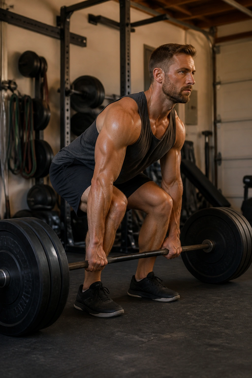 Lifter gripping barbell mid-deadlift in a garage gym