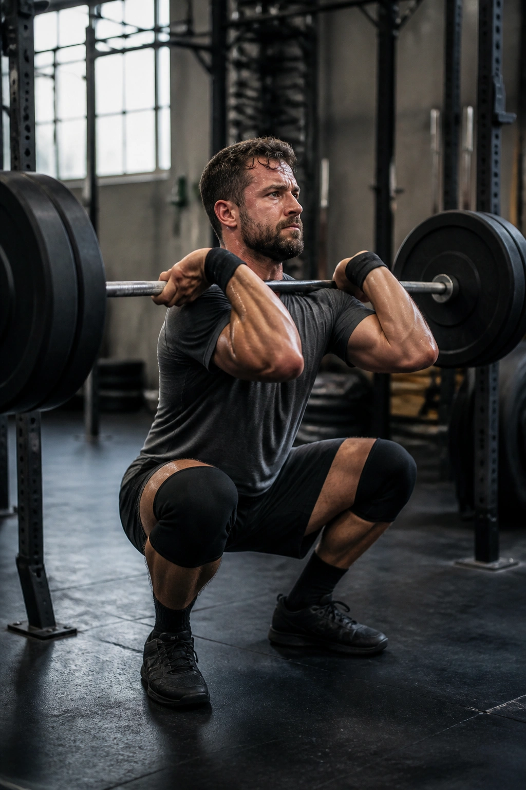 Person performing barbell front squat with plates visible