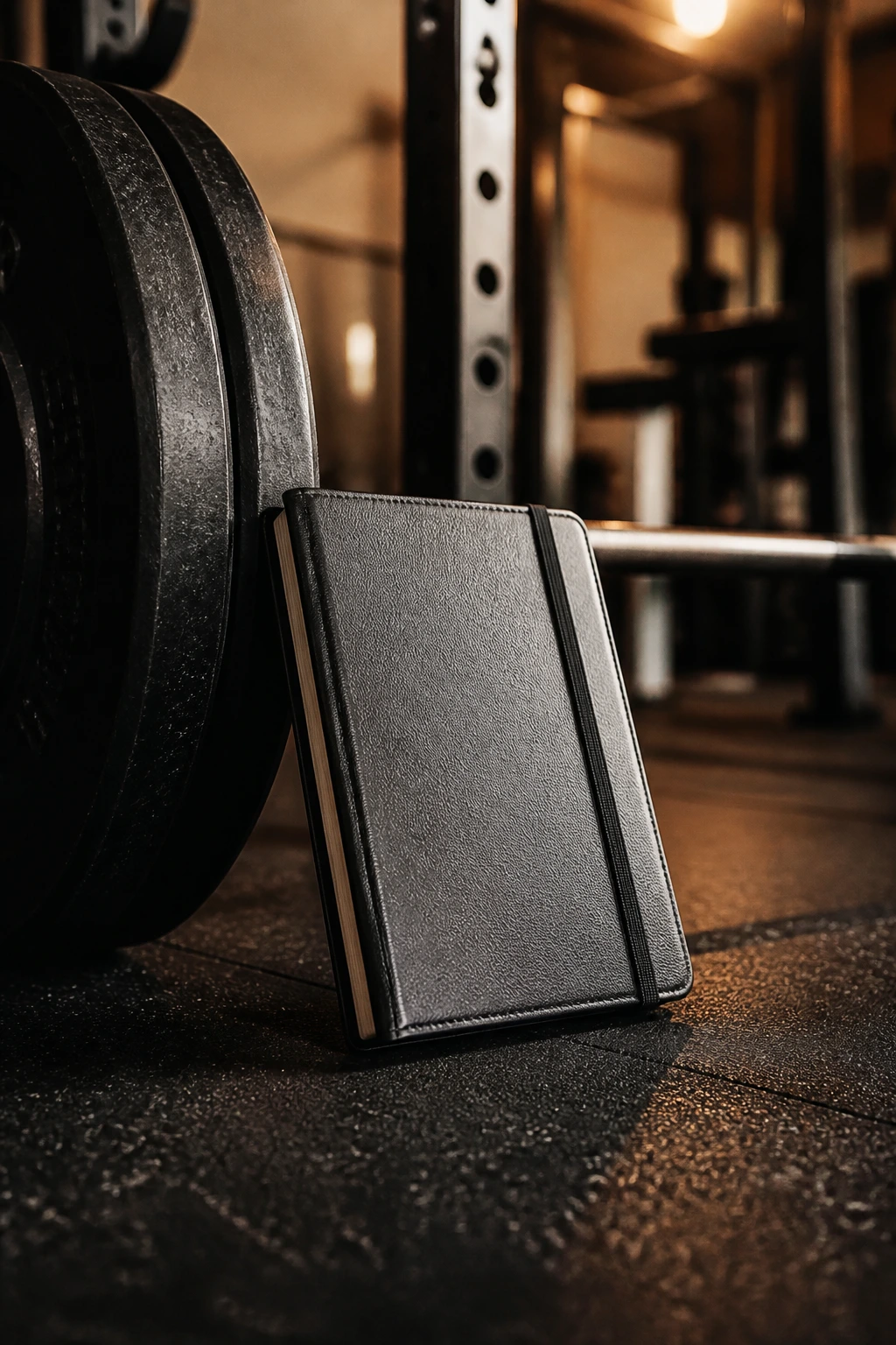 Close-up of barbell with a blank notebook beside it in a gym
