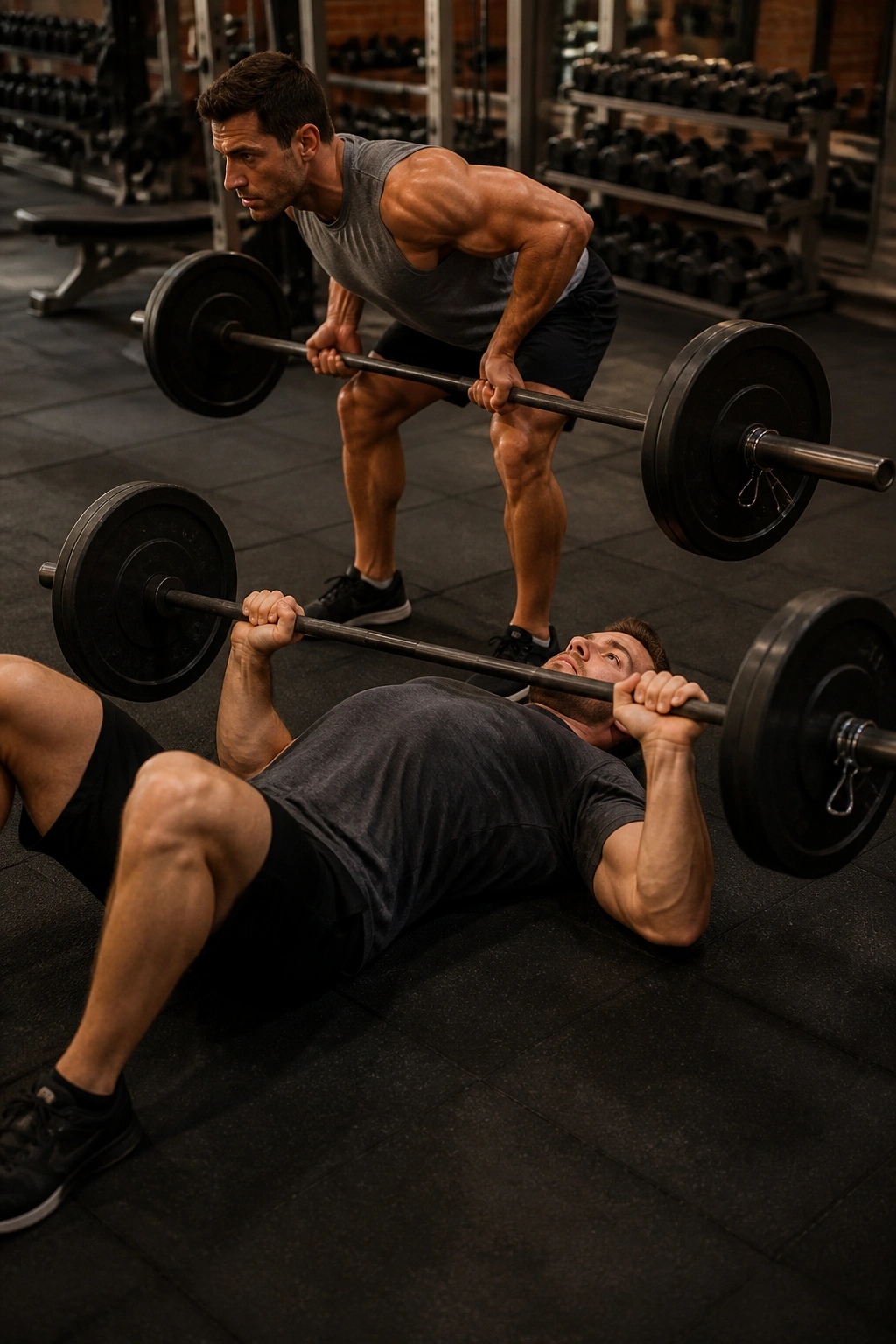Lifters perform barbell floor press and underhand row in a gym