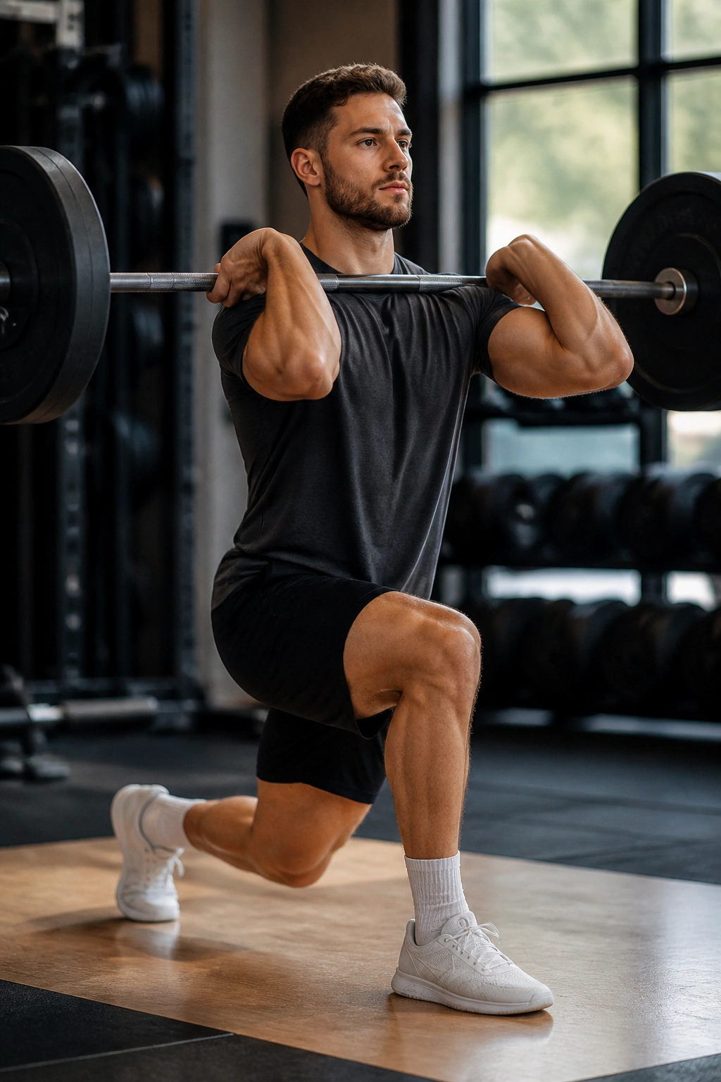 Close-up of athlete performing barbell front lunge with front rack in gym