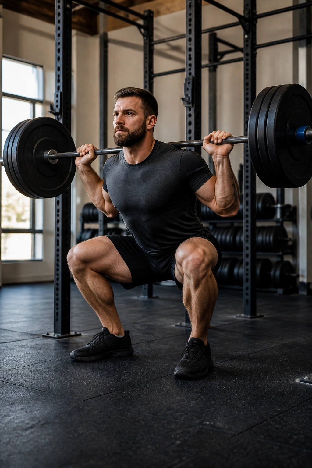 Lifter performing a barbell back squat in a gym setting.