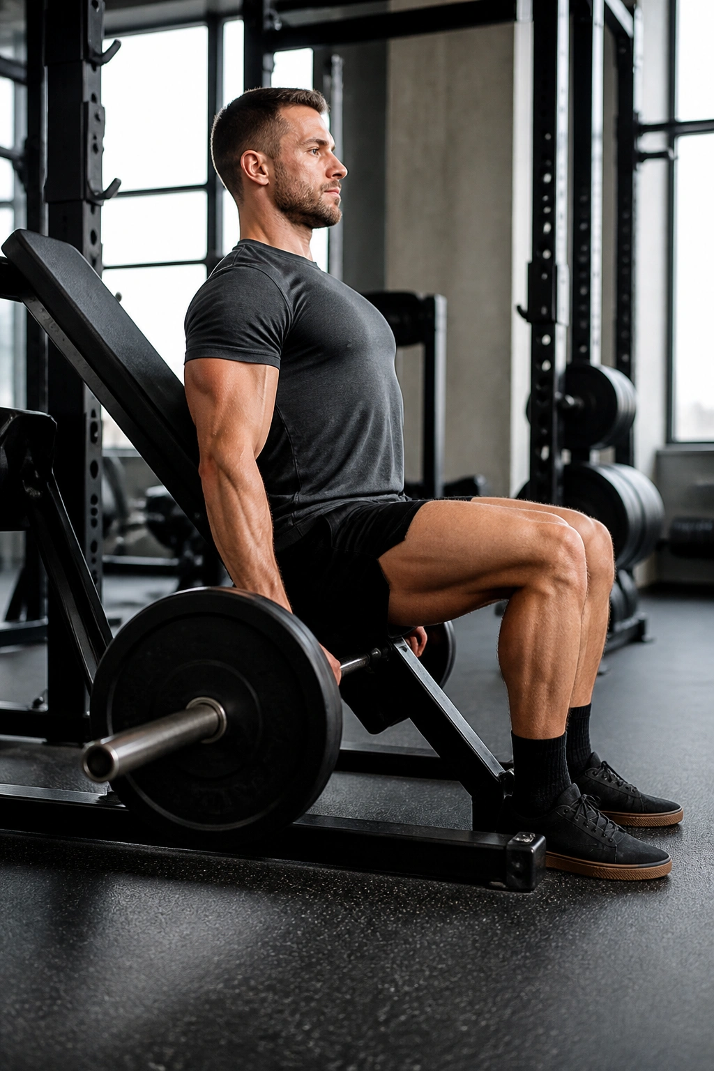 Lifter executing a barbell hack squat with the bar behind the heels in a gym