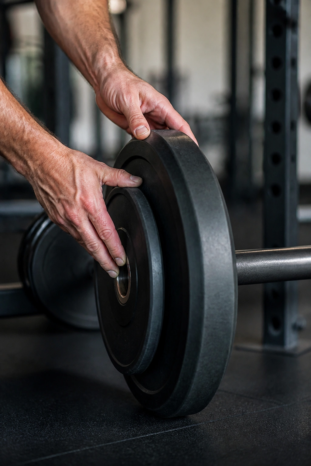 Close-up of hands adjusting weight plates on a barbell in a gym