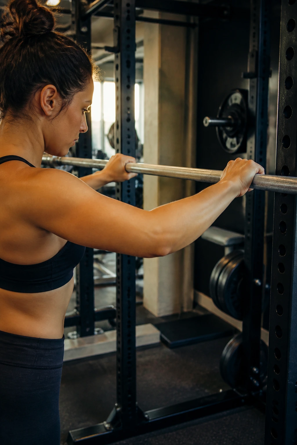 Woman warming up with an empty barbell on a squat rack