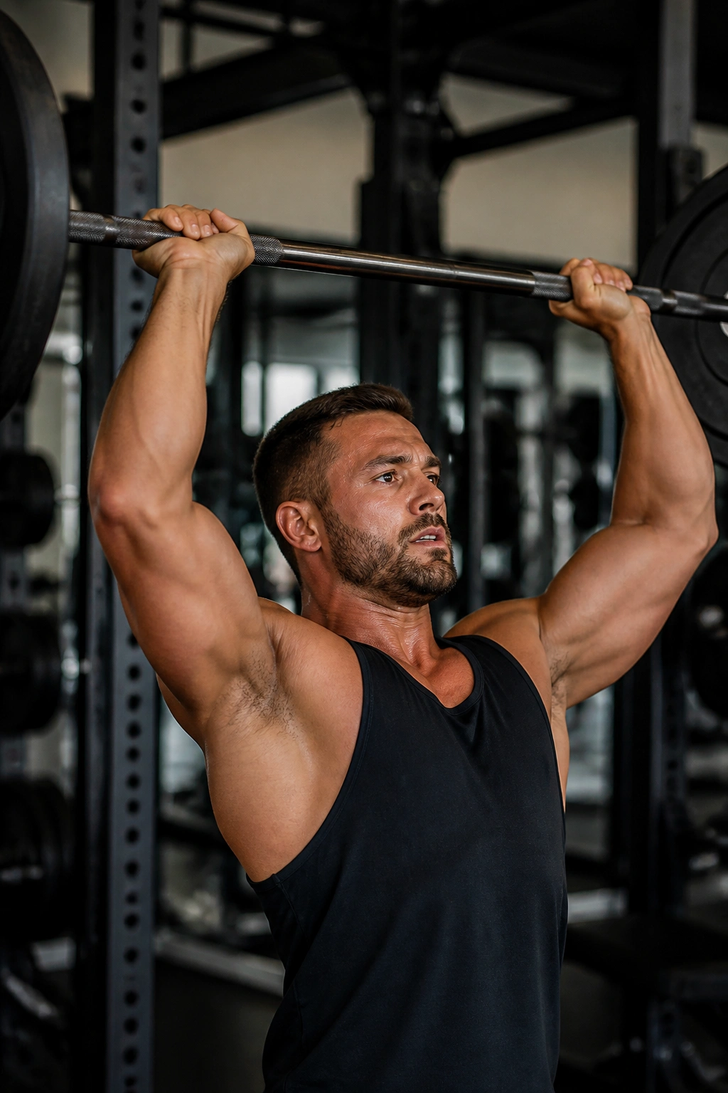 Close-up of lifter performing barbell overhead press in gym