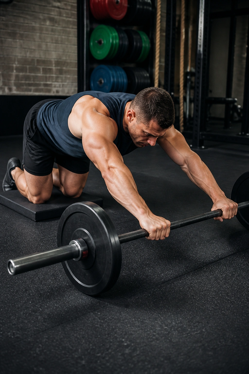 Athlete performing barbell rollout with braced core and controlled extension.