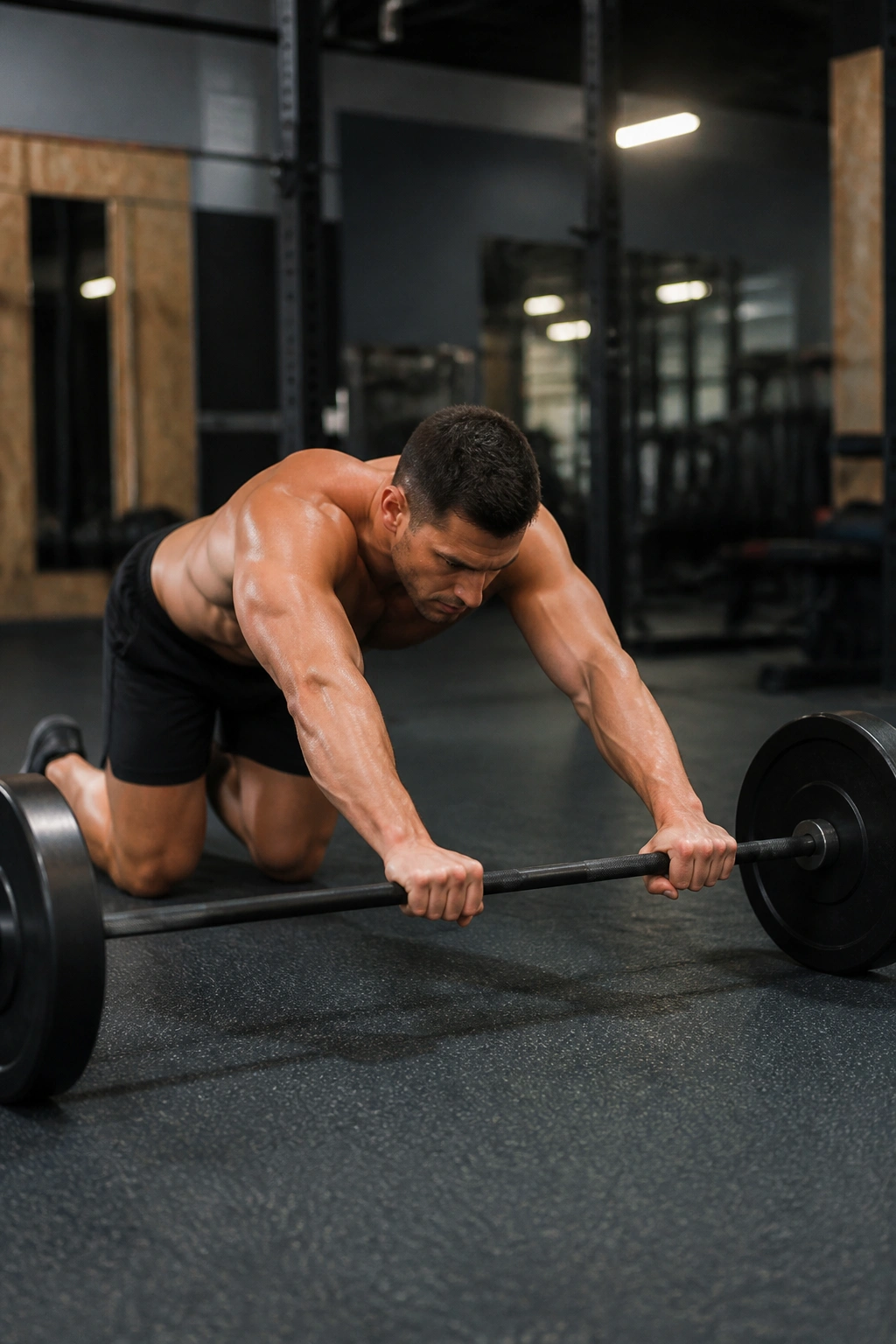 Lifter performing barbell rollouts from the knees with a tight core.