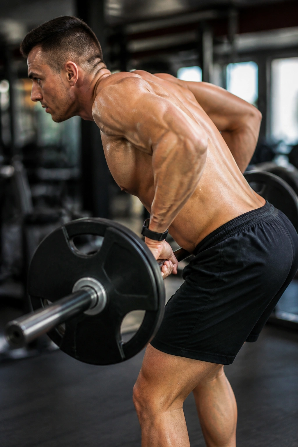 Lifter performing barbell row in gym