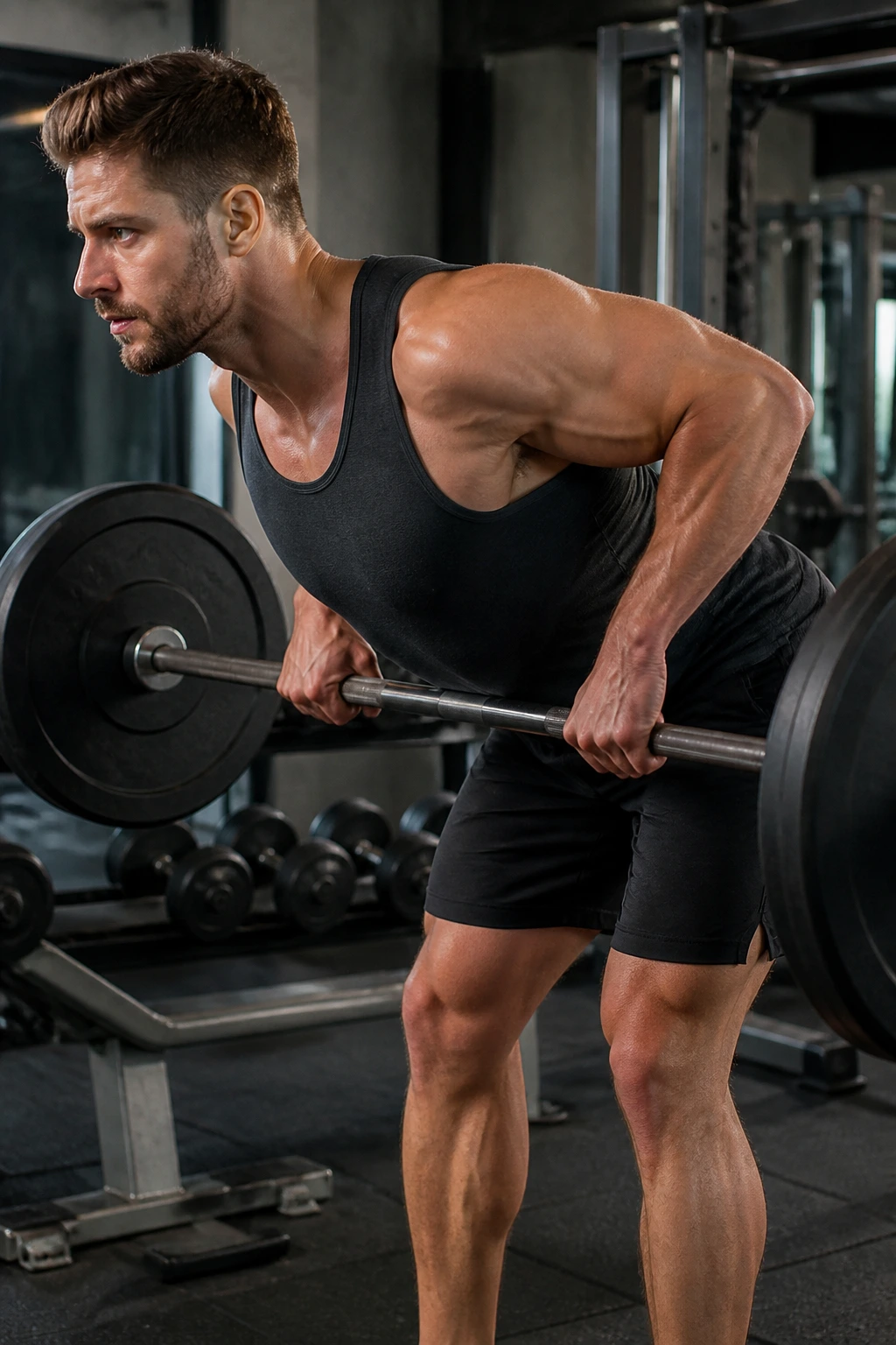 Lifter performing barbell row with torso angled to target mid-back