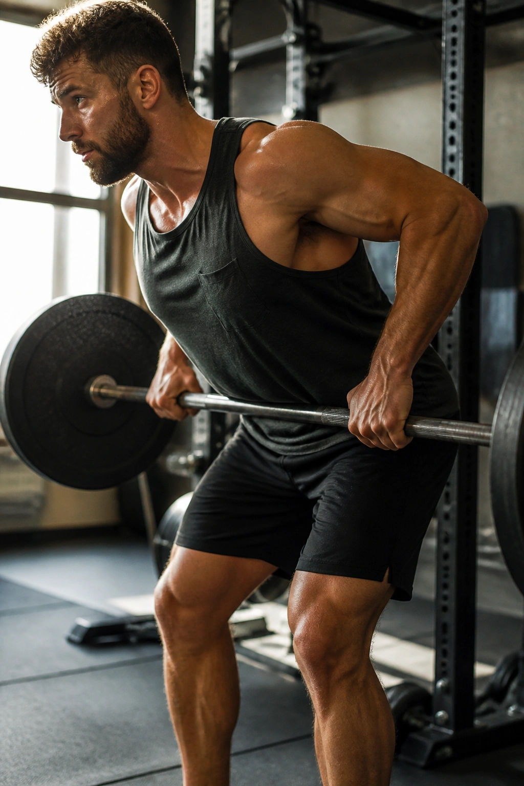 Lifter performing barbell row with torso rotation in the gym
