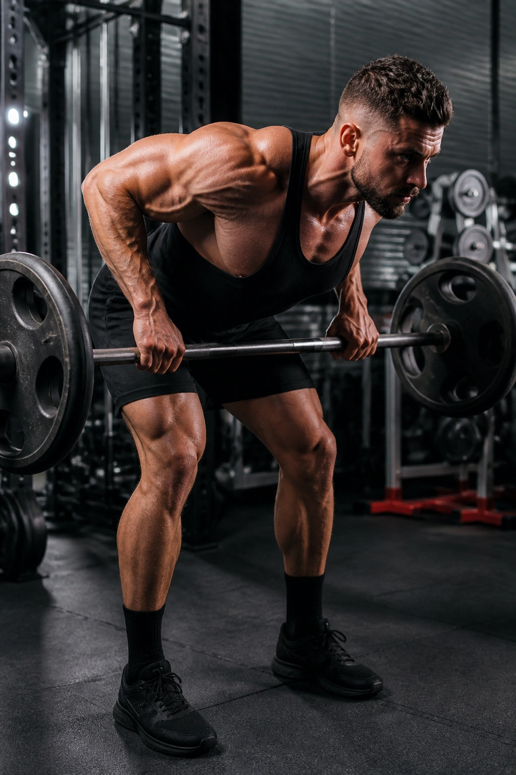 Lifter performing barbell row with back parallel to floor in gym