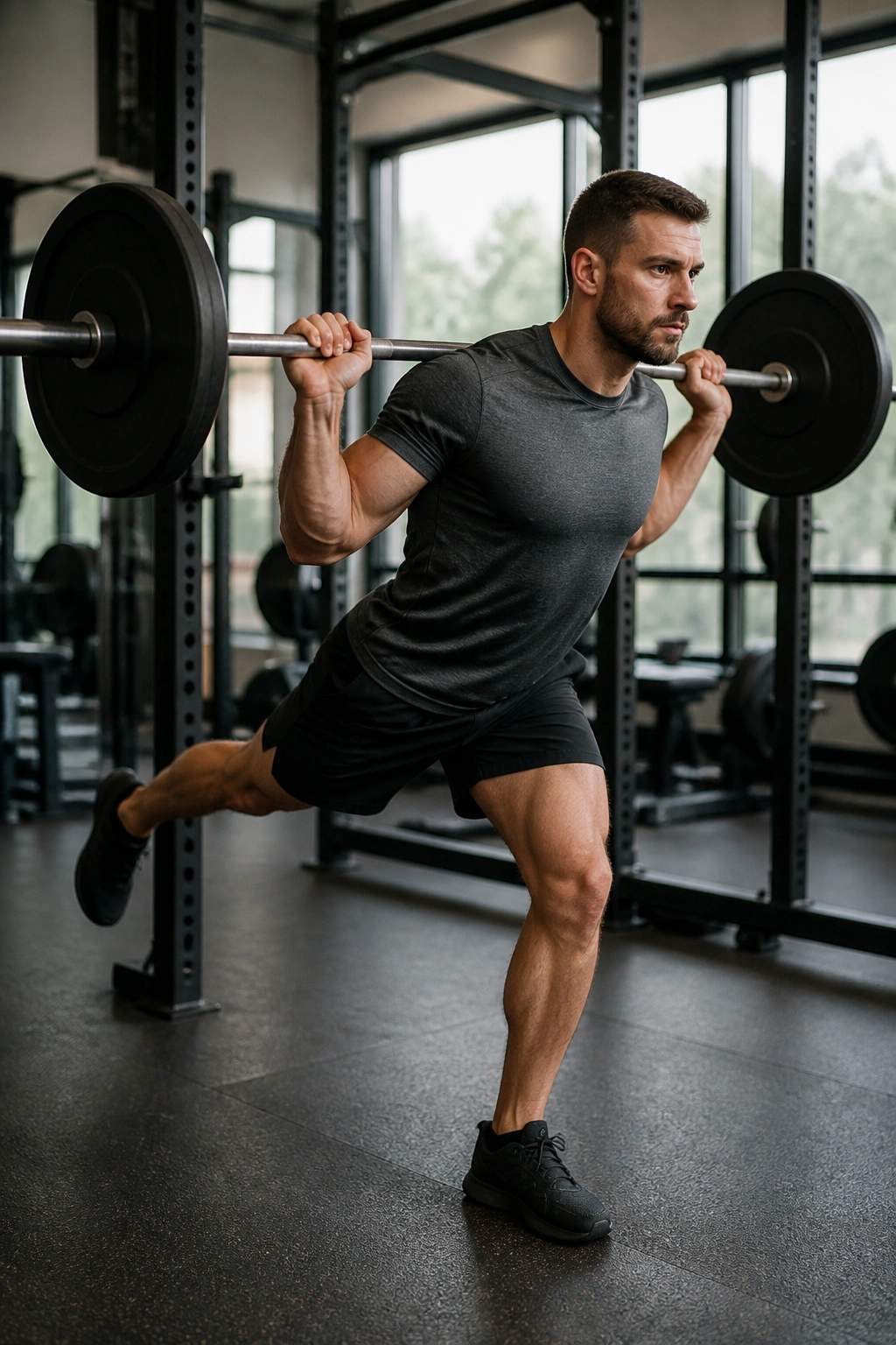 Barbell single-leg deadlift performed by a real person in a gym.