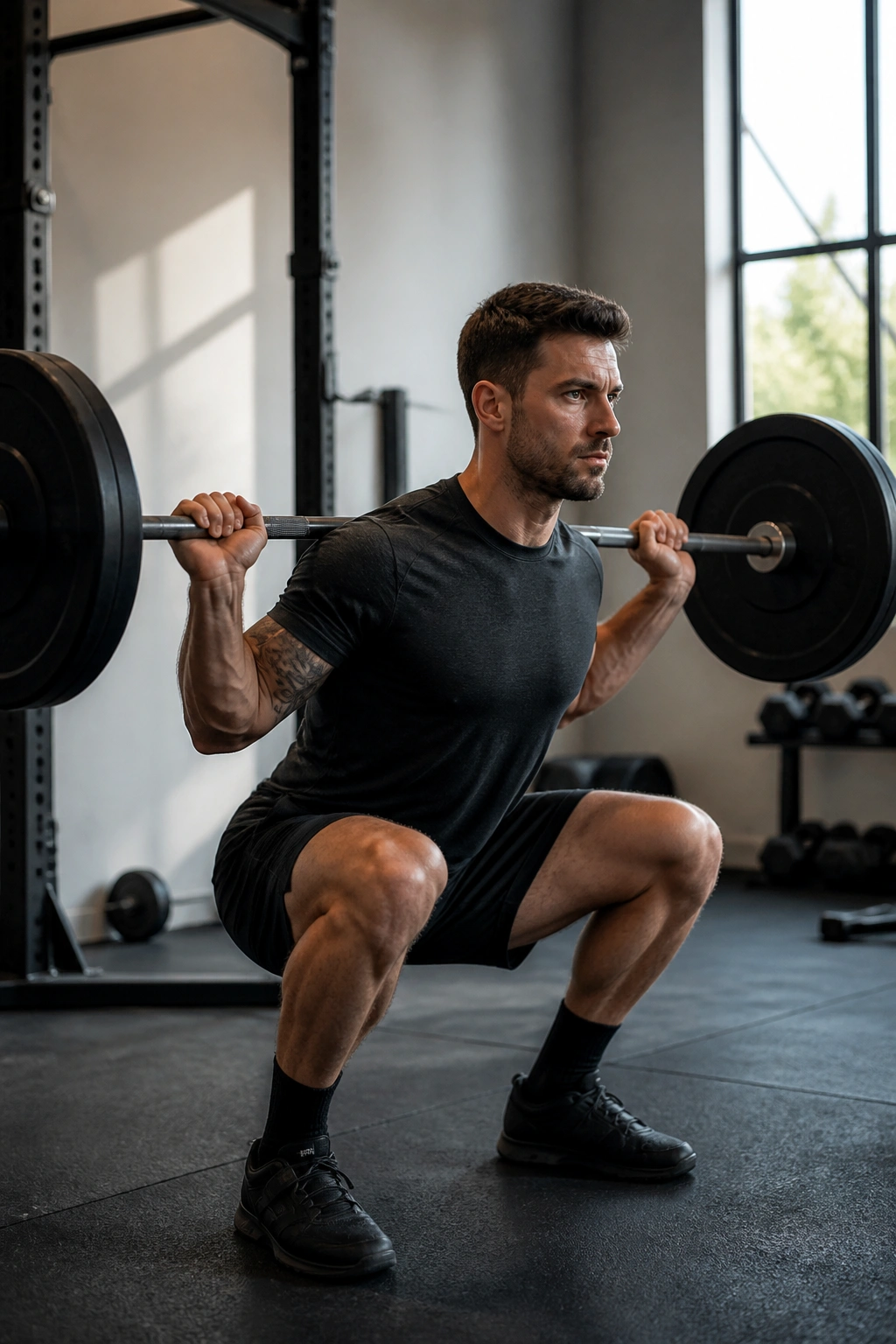 Real person performing barbell squat in gym.