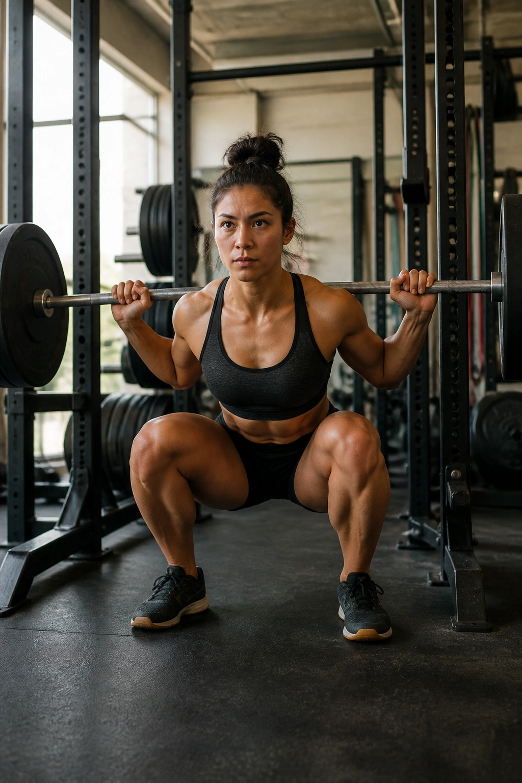 Woman performing barbell back squat in gym.