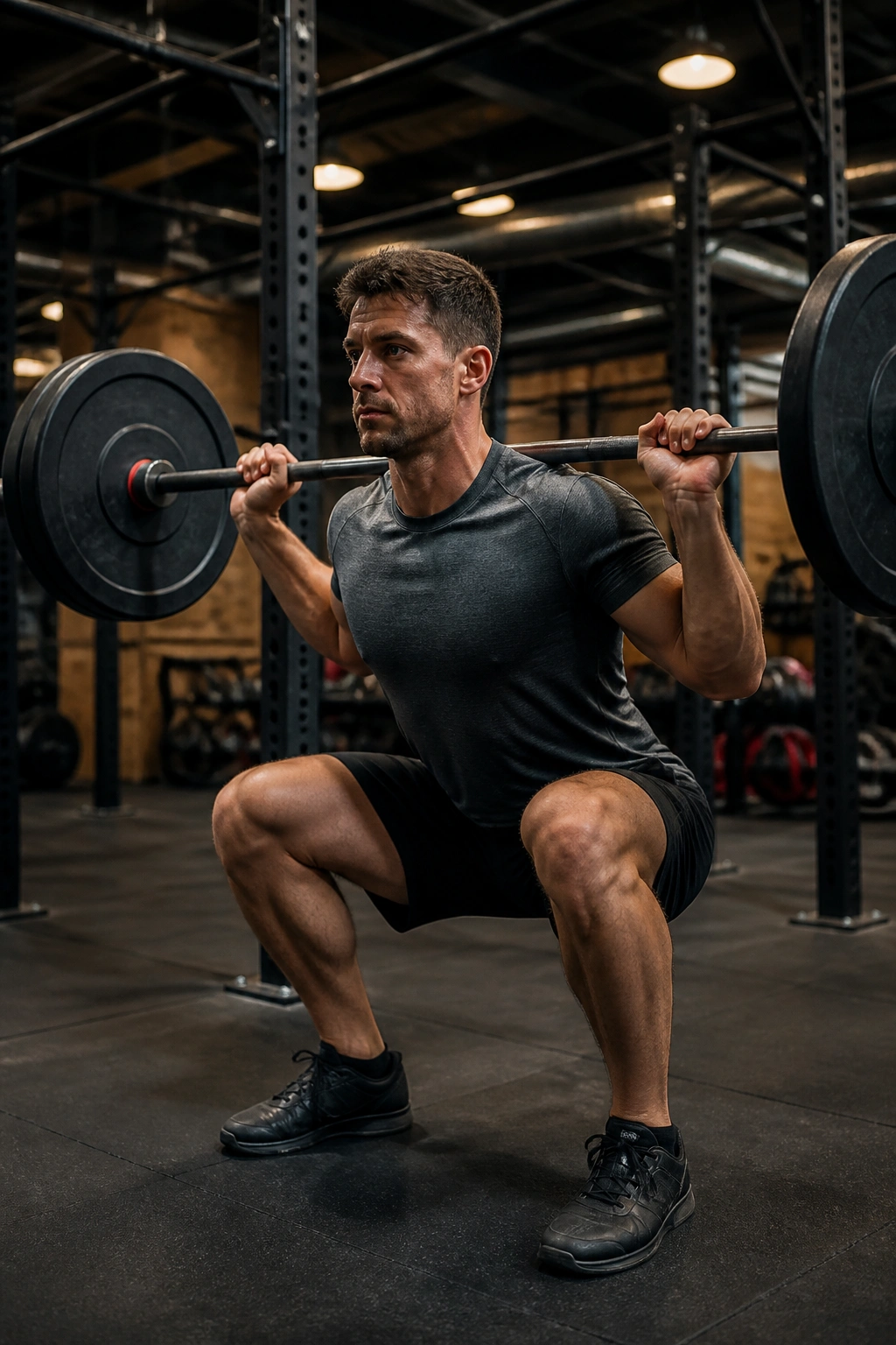 Person performing barbell back squat in gym as part of strength tri-set