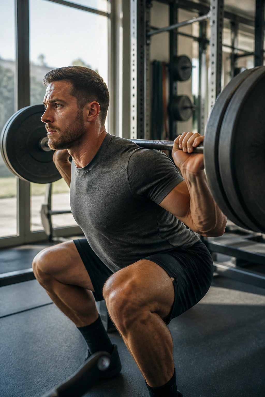 Close-up of a person performing a barbell back squat in a gym