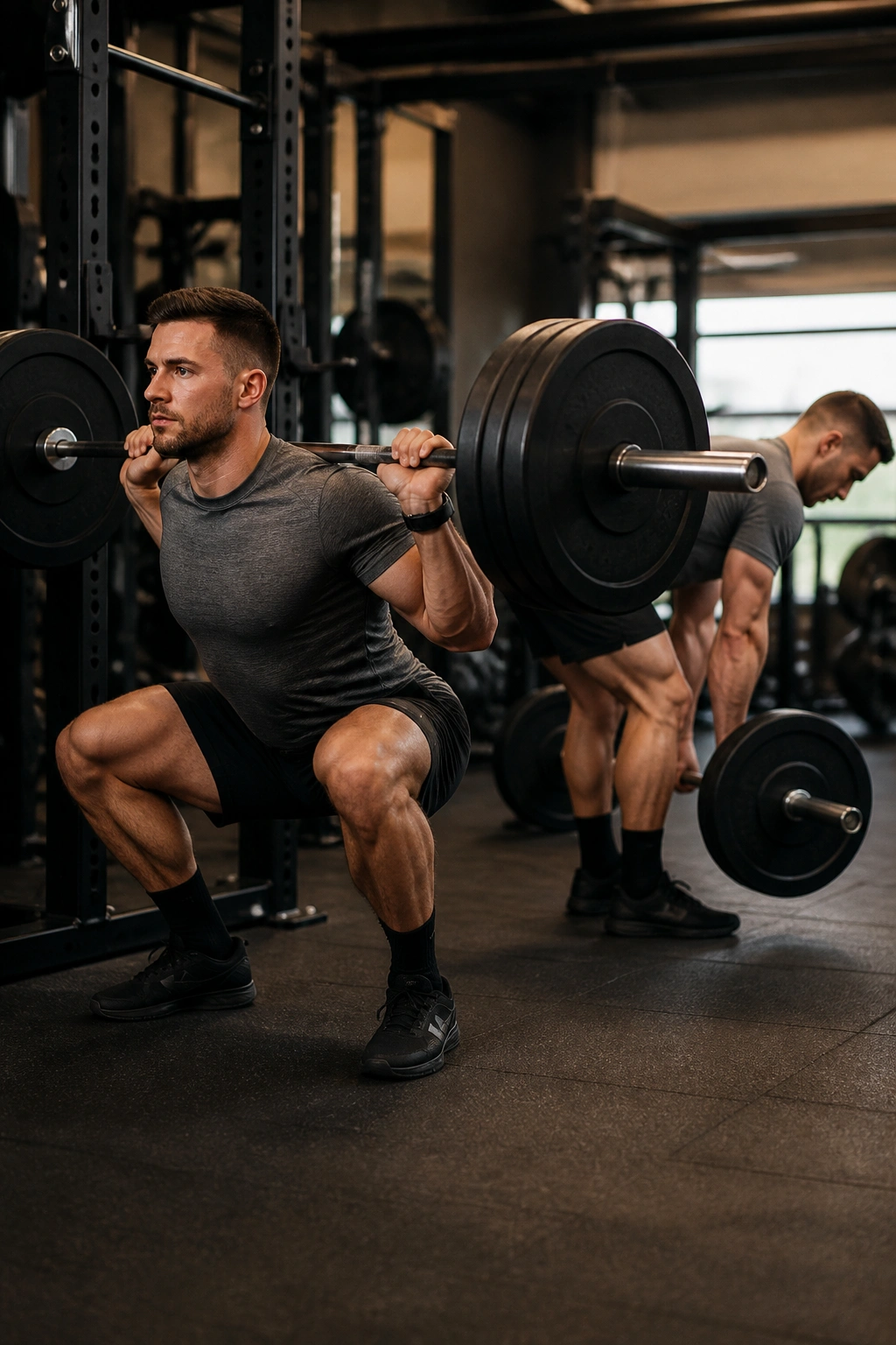 Lifter performing barbell back squat with hint of deadlift cue in the background