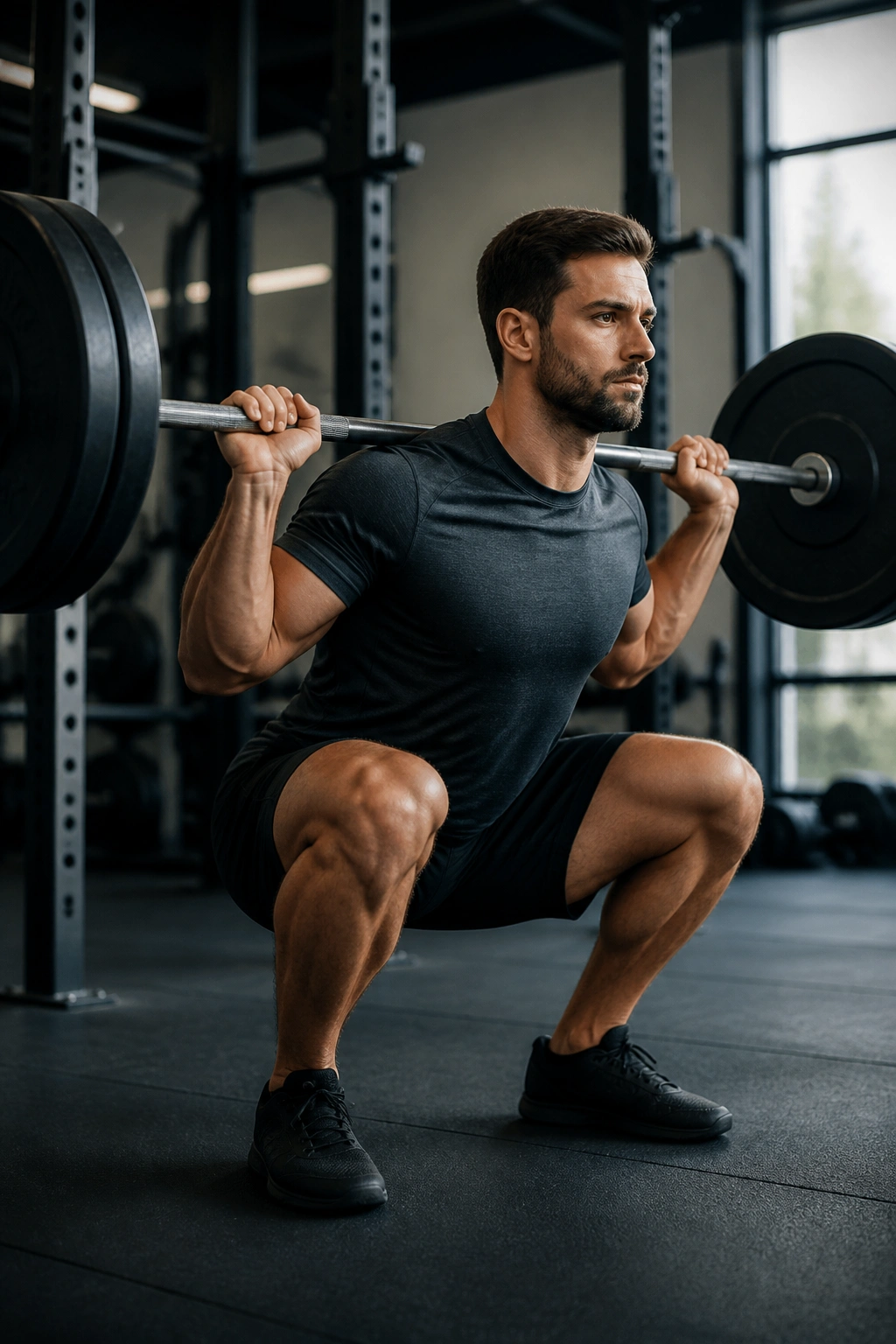 Athlete performing barbell squat for single-barbell plan in gym