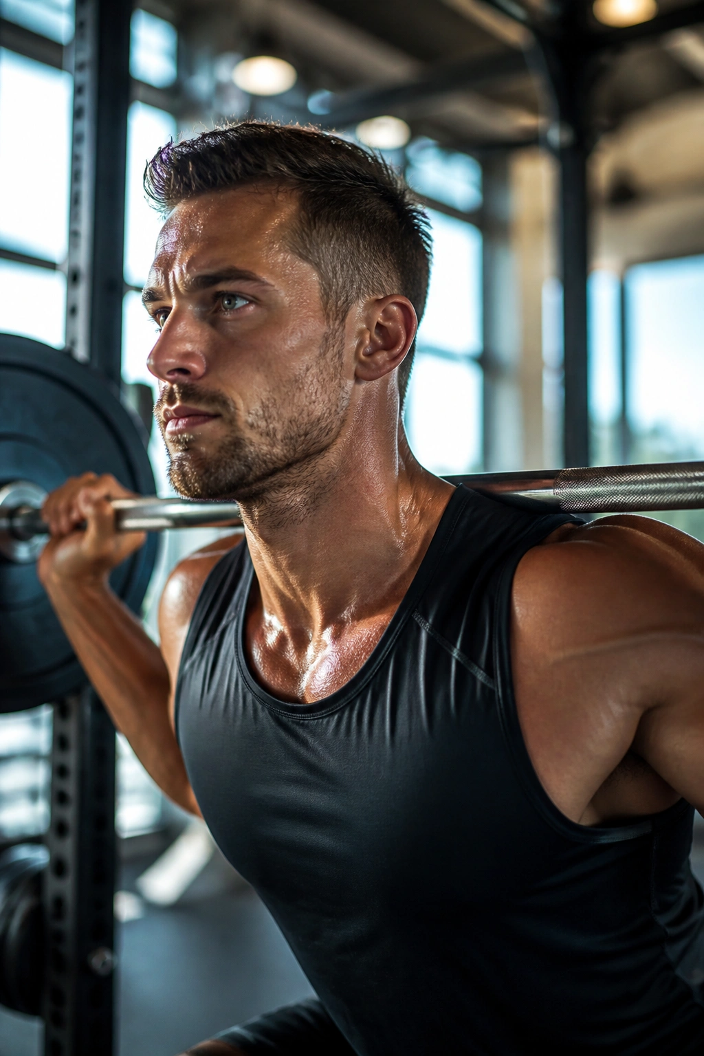 Close-up of a lifter performing Barbell Back Squat in a gym