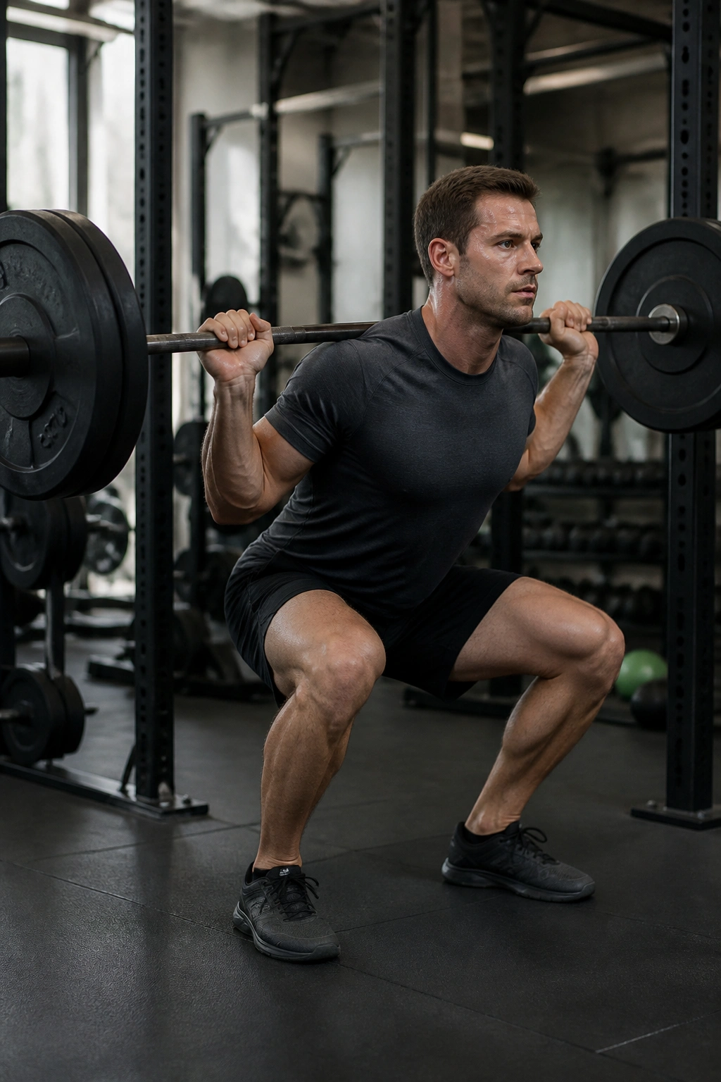 Person performing barbell back squat in gym, mid-shot emphasis on full-body effort