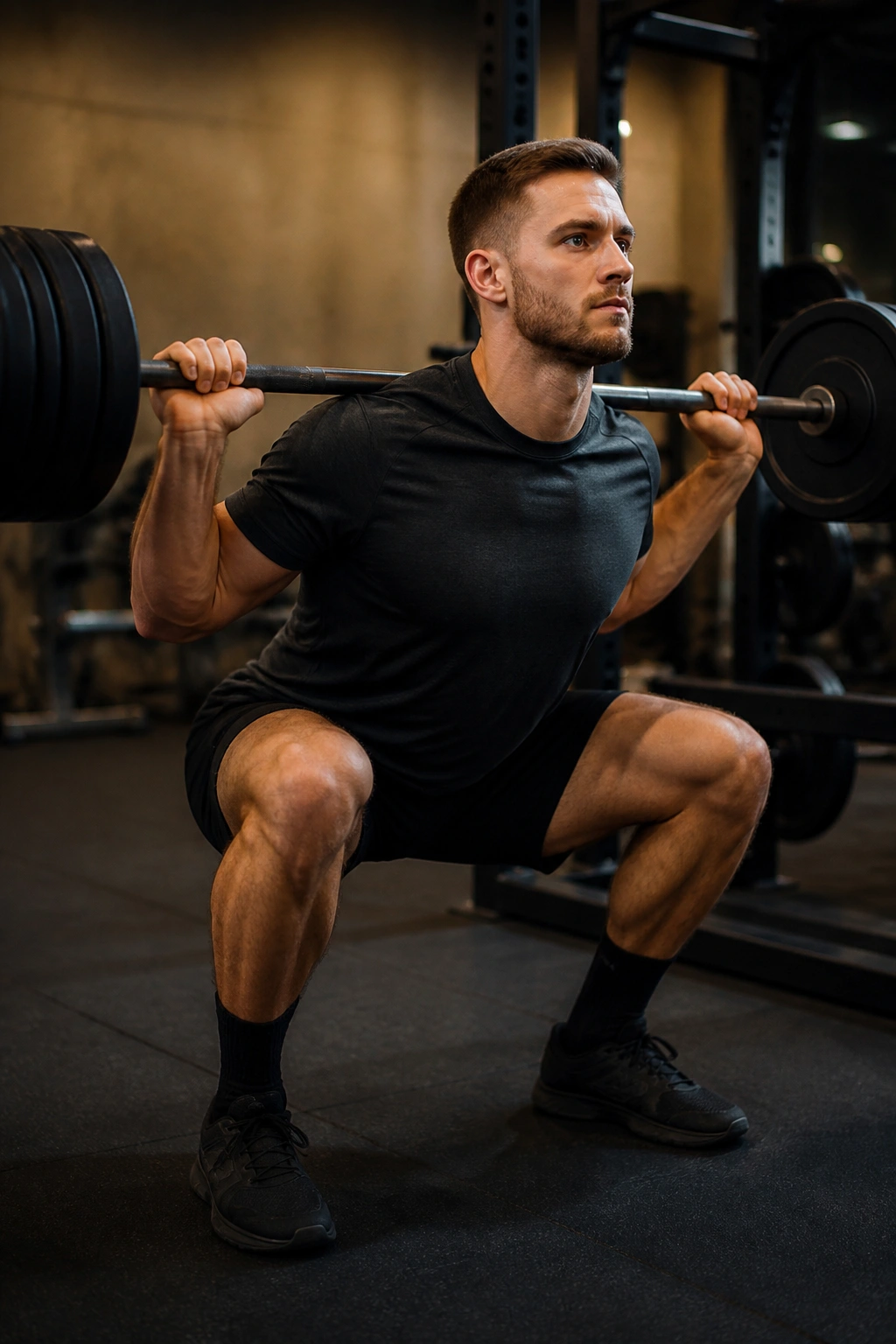 Close-up of lifter barbell back squat in gym with bar on traps and braced core