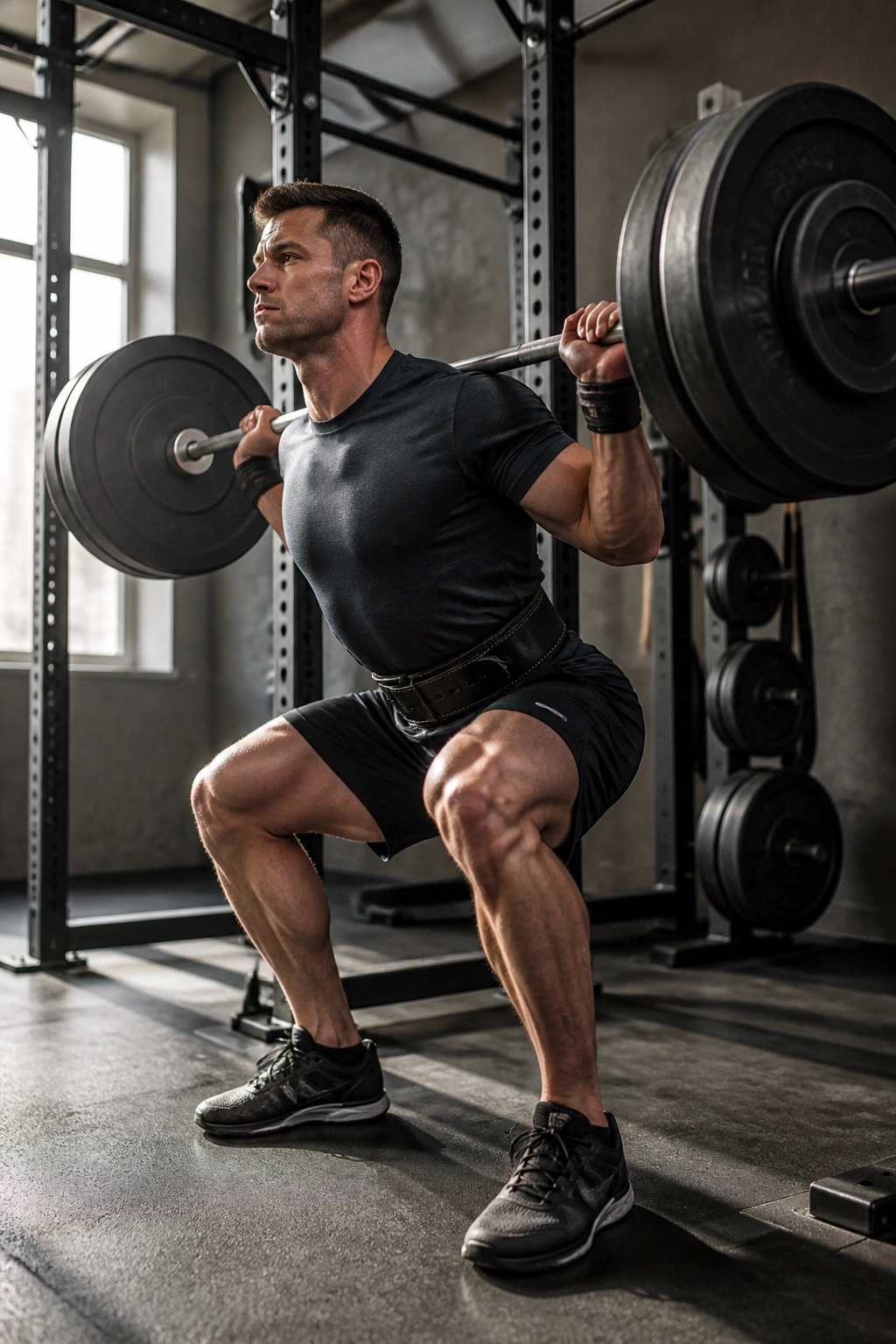 Medium-close shot of lifter performing a heavy back squat in a gym
