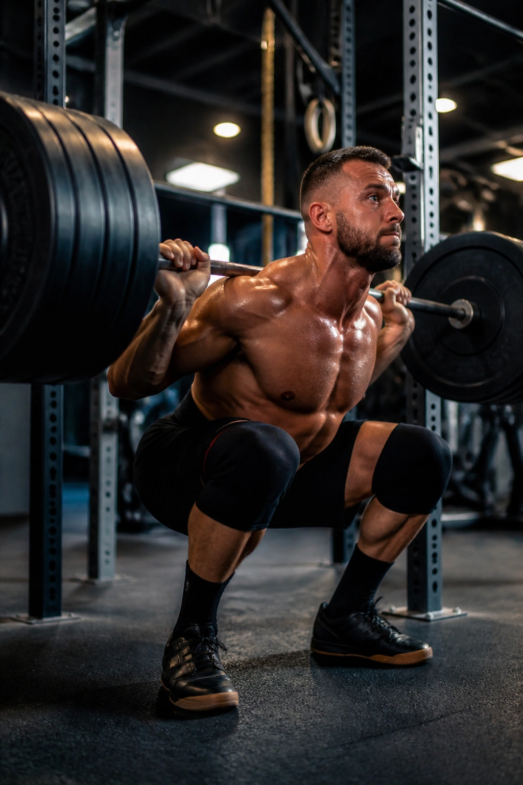 Lifter performing heavy back squat in a gym