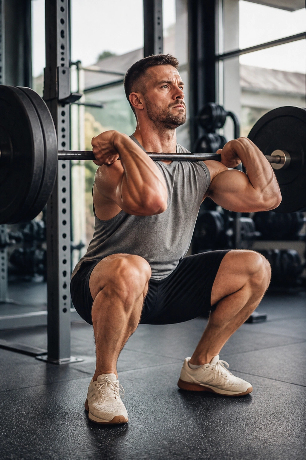 Lifter performing front barbell squats in a gym with a focused core brace.
