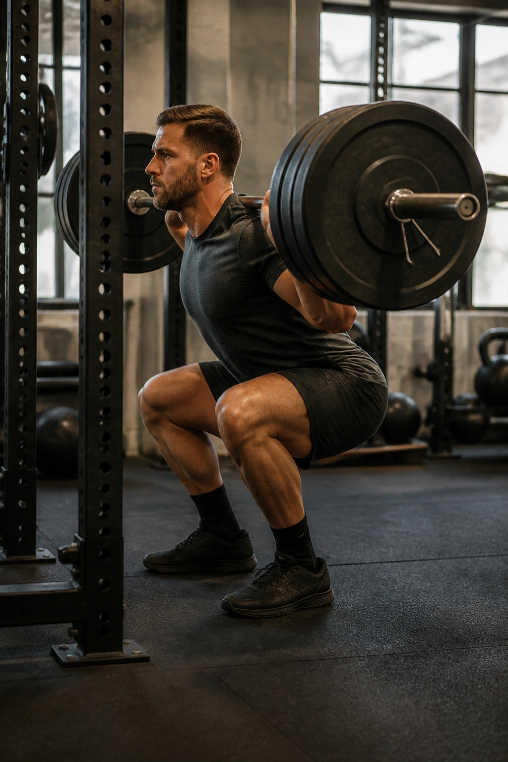 Real person doing barbell back squat in gym for barbell strength block