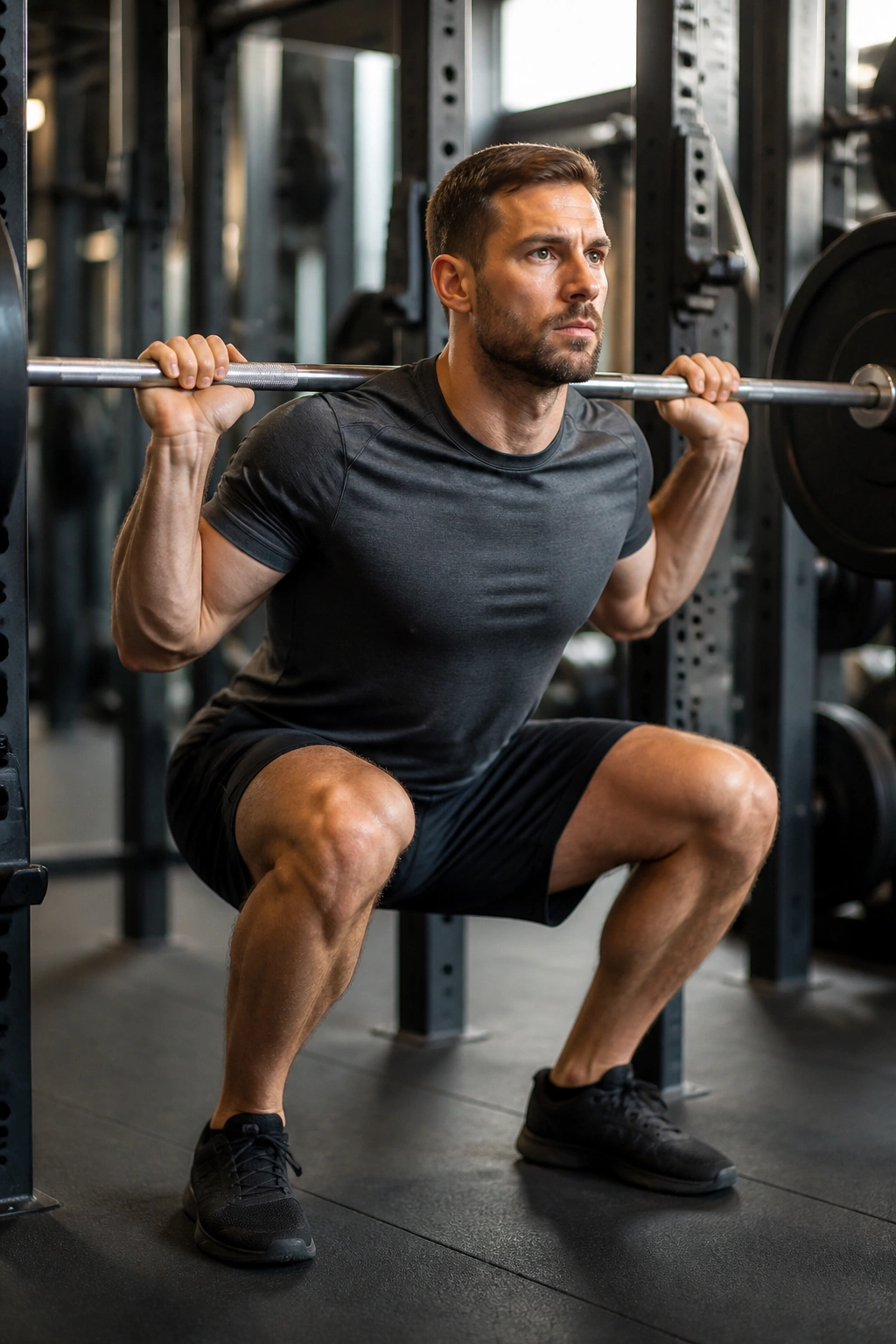 Medium close-up of a person performing a barbell back squat in a gym