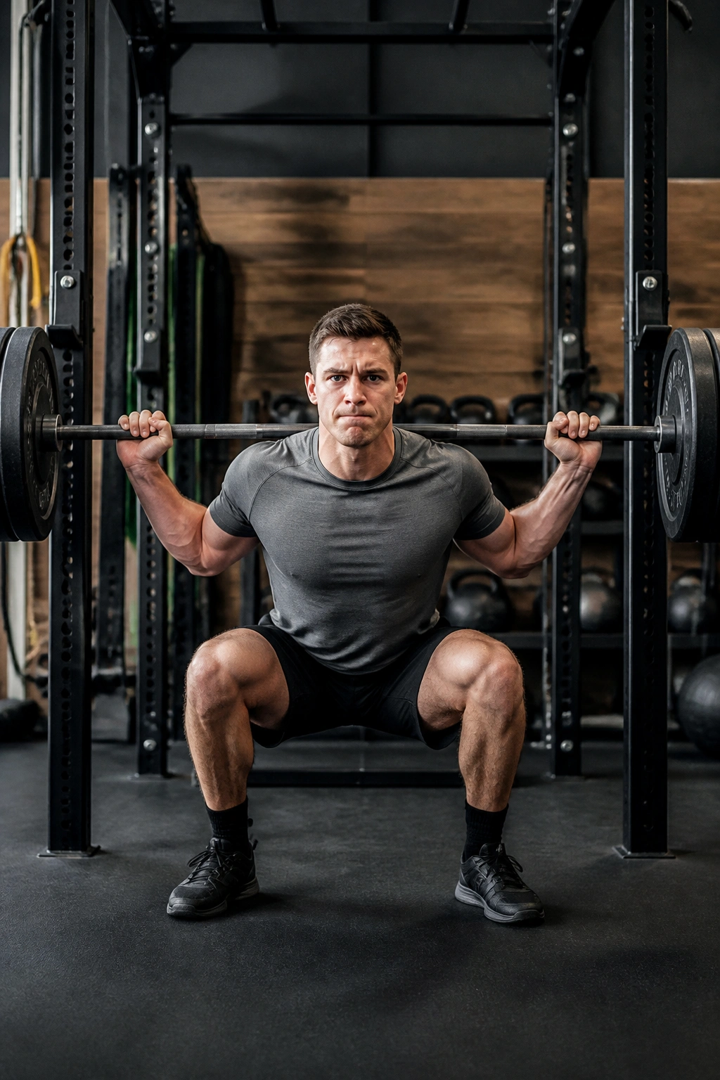 Person performing barbell back squat in a gym