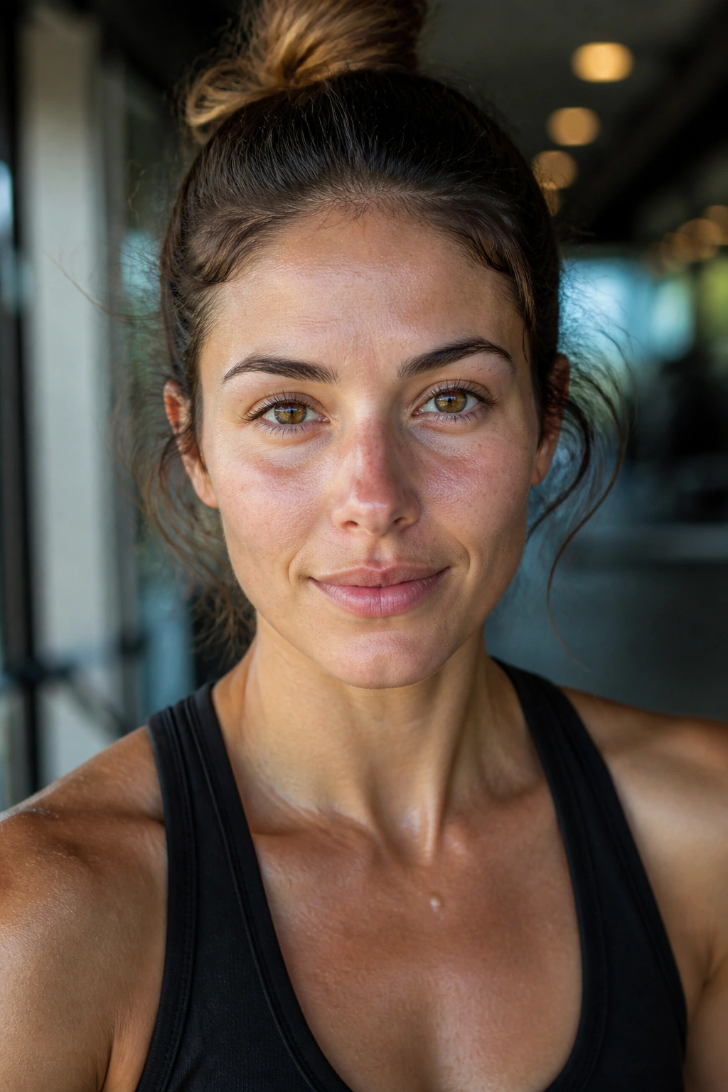 Close-up of a real athlete with bare skin in a gym-like setting