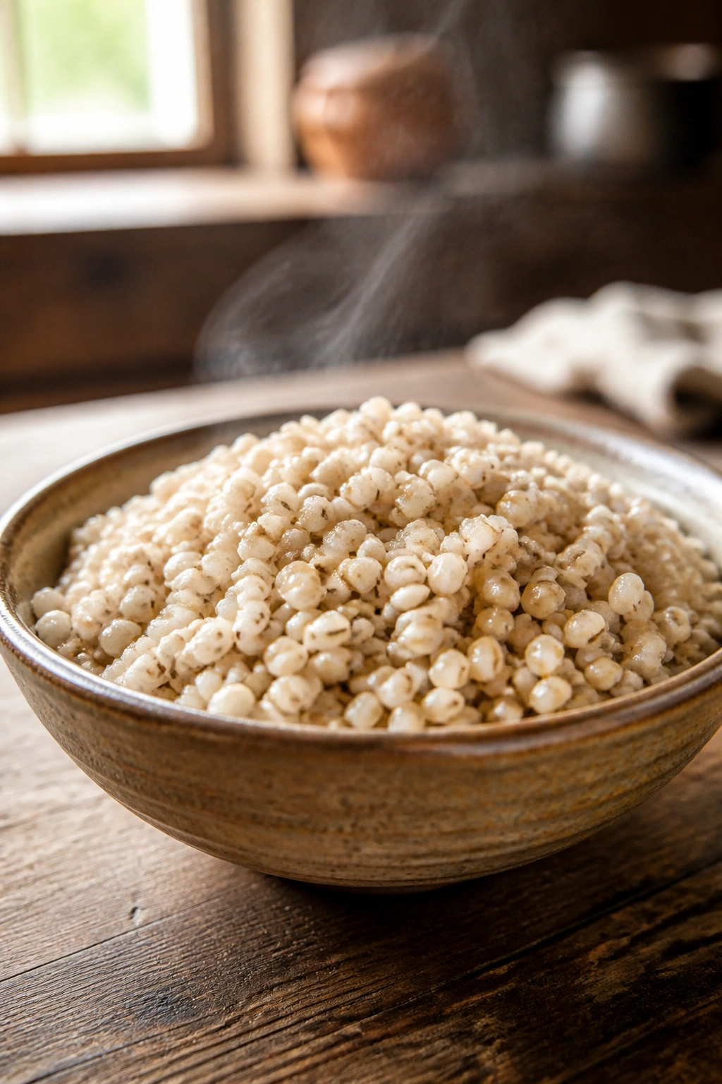 Close-up of barley grains in a rustic bowl
