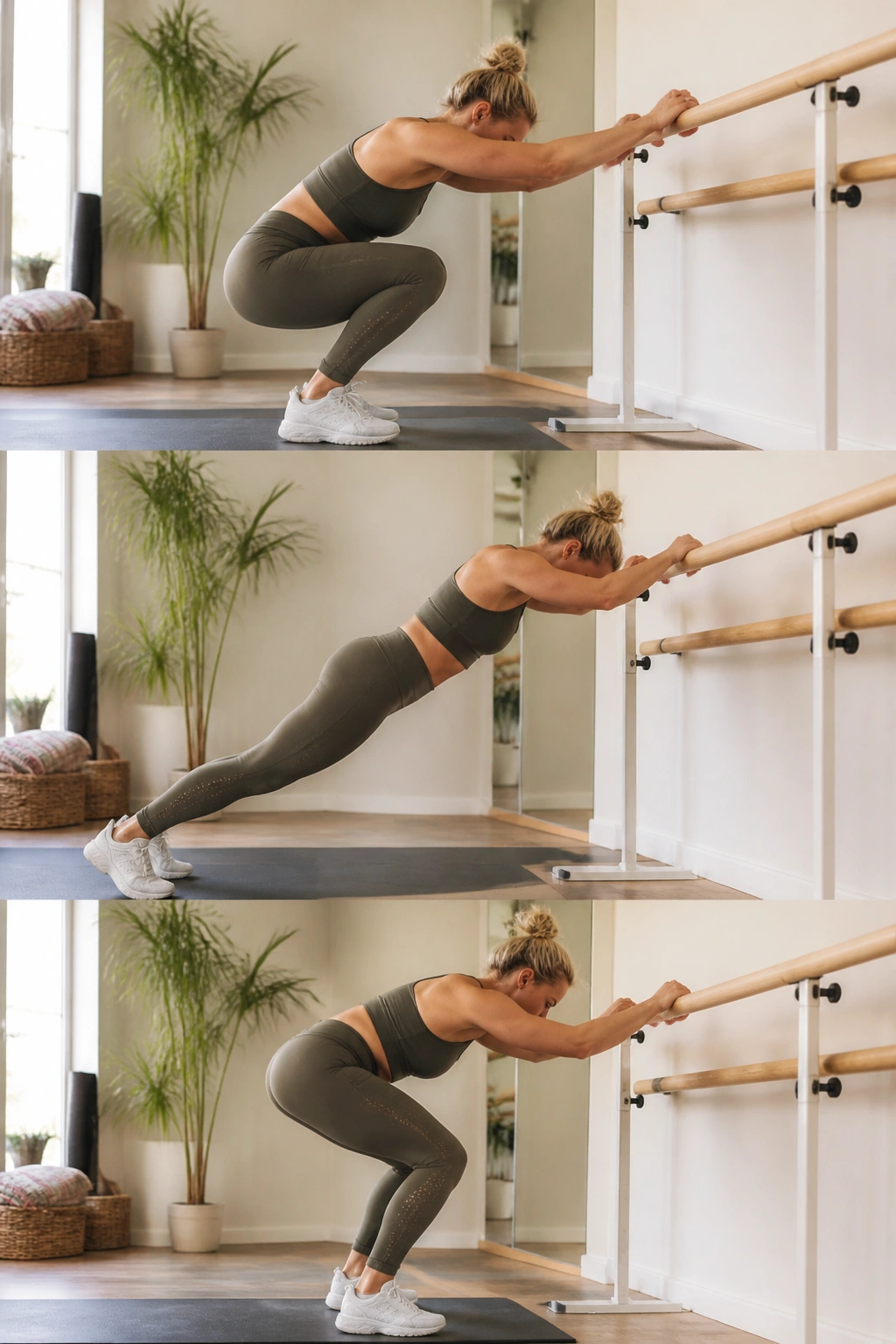 Close-up of a person performing barre-supported burpee at home