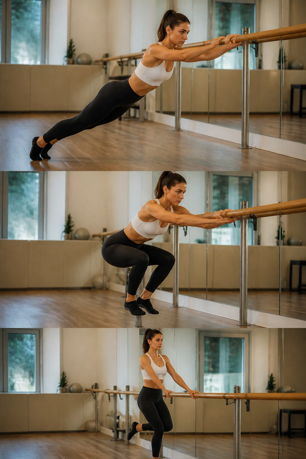 Frontal portrait of a person performing Barre Burpees at a barre in a studio