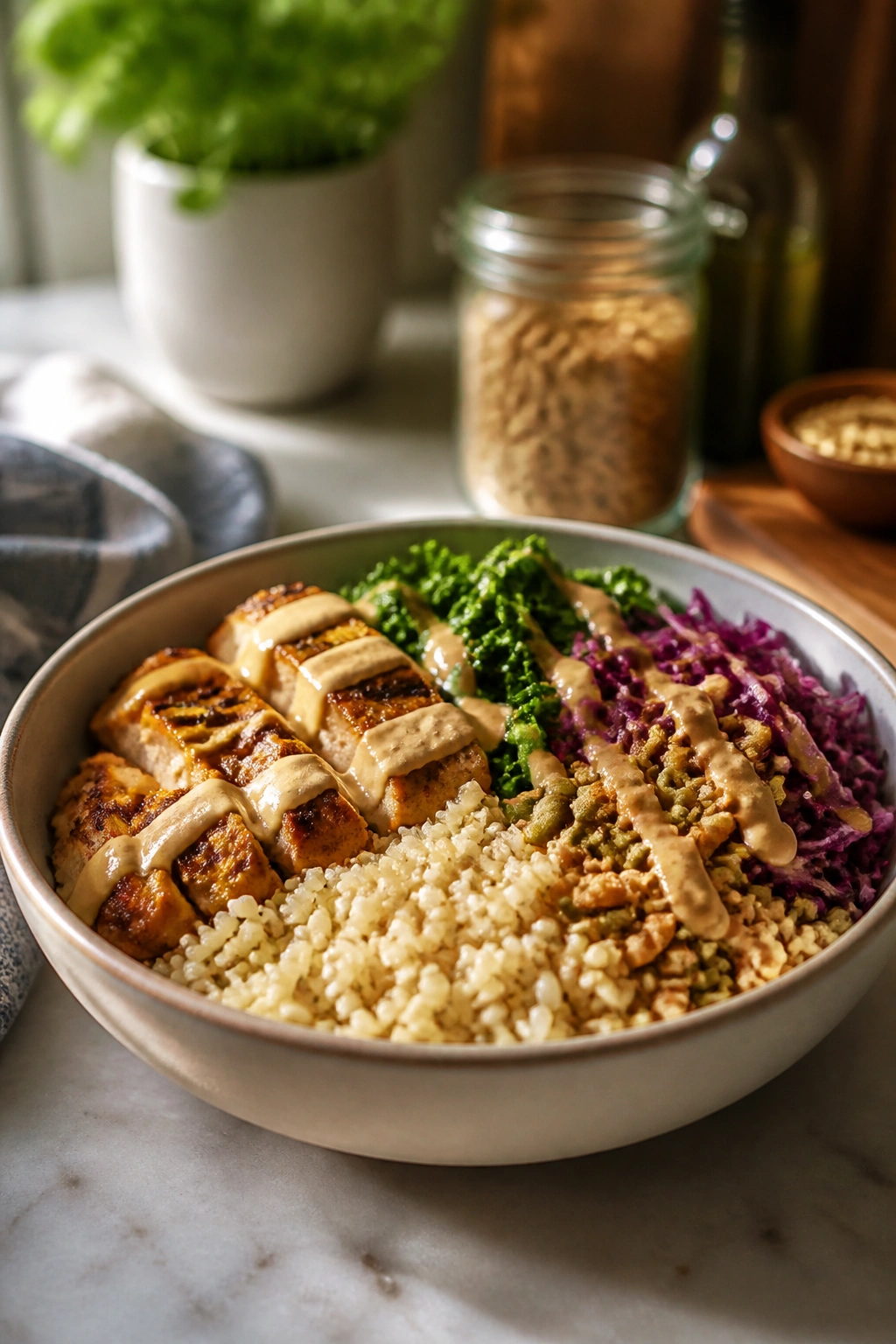 Grain bowl displaying base, protein, vegetables, fat or crunch, and sauce