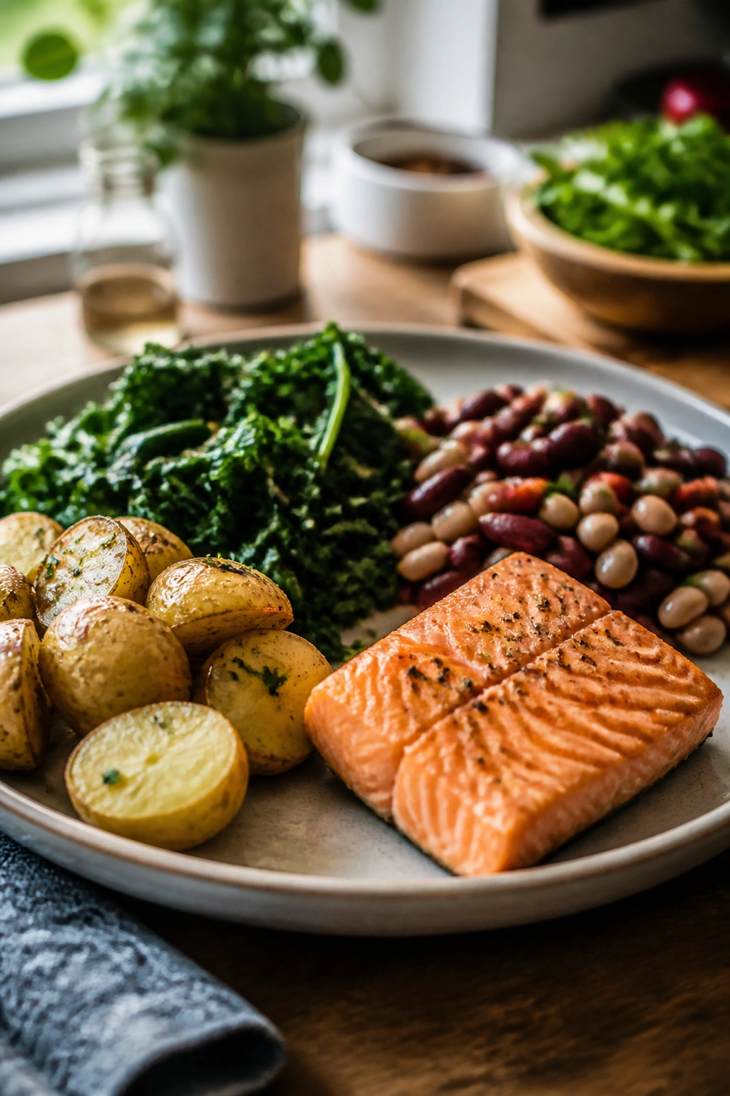 Plate showing base nutrients with salmon, greens, potatoes, and beans