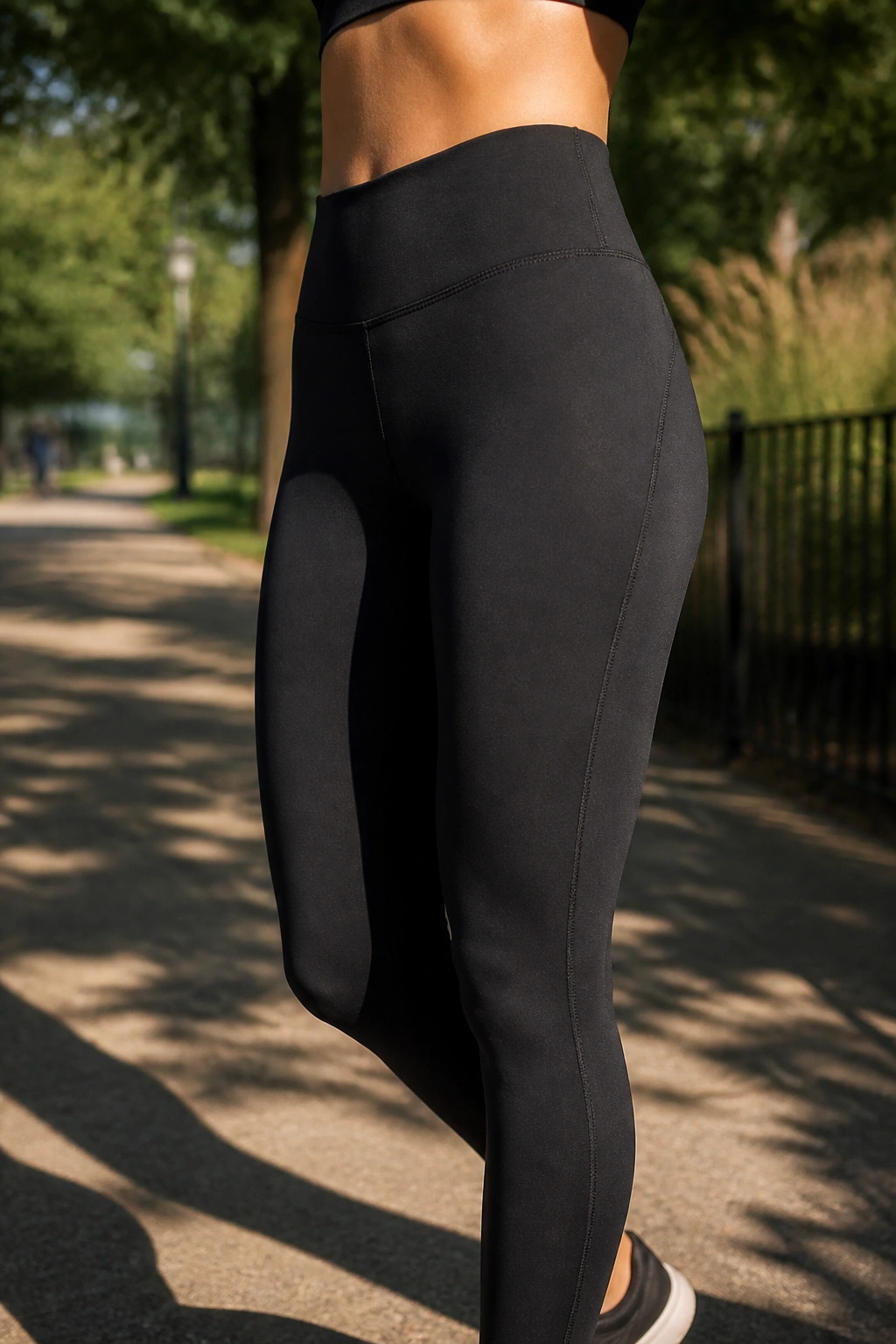 Close-up of Base Pace 25 leggings on a runner in a park.