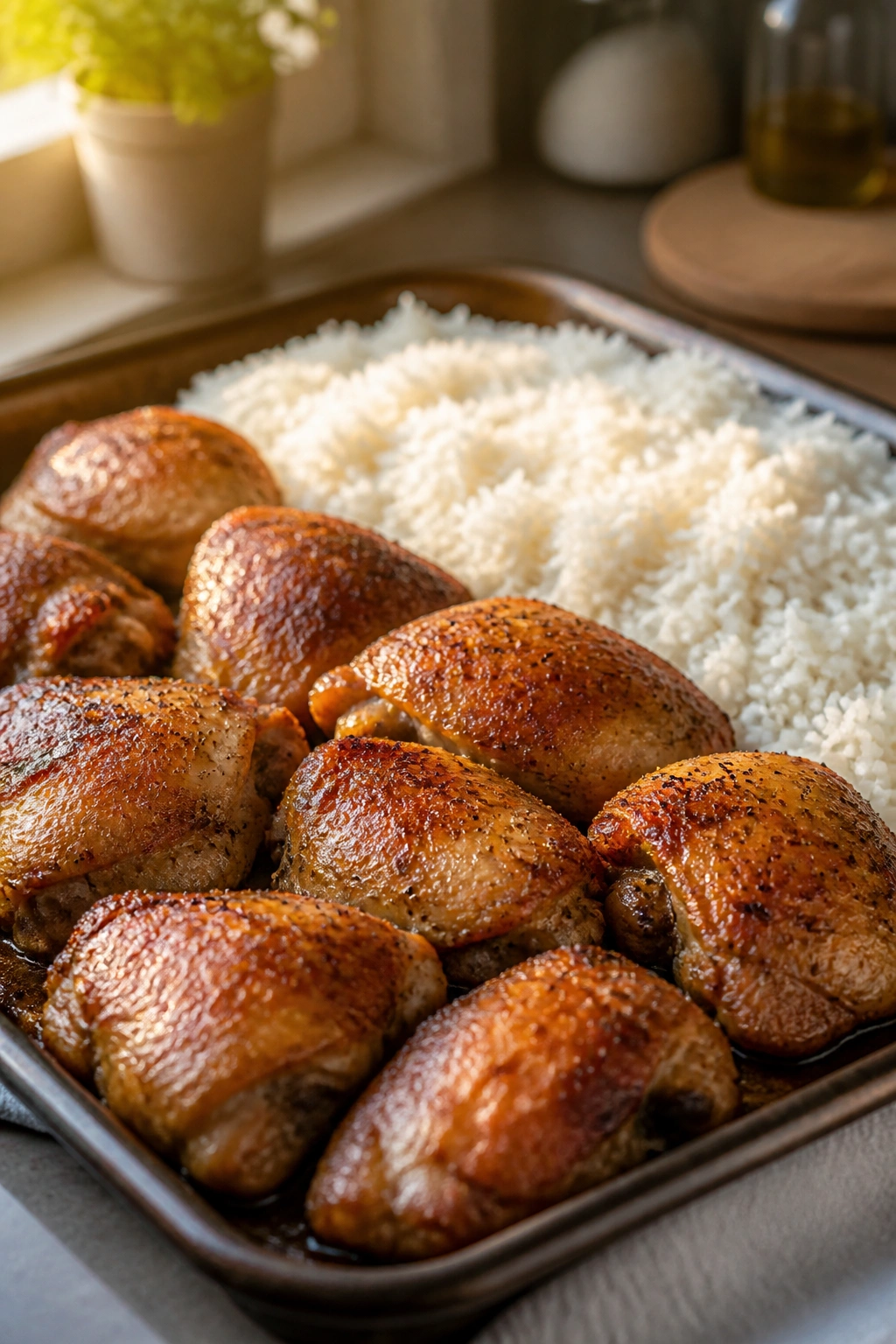 Close-up of batch-cooked chicken and rice on a sheet pan in a warm kitchen