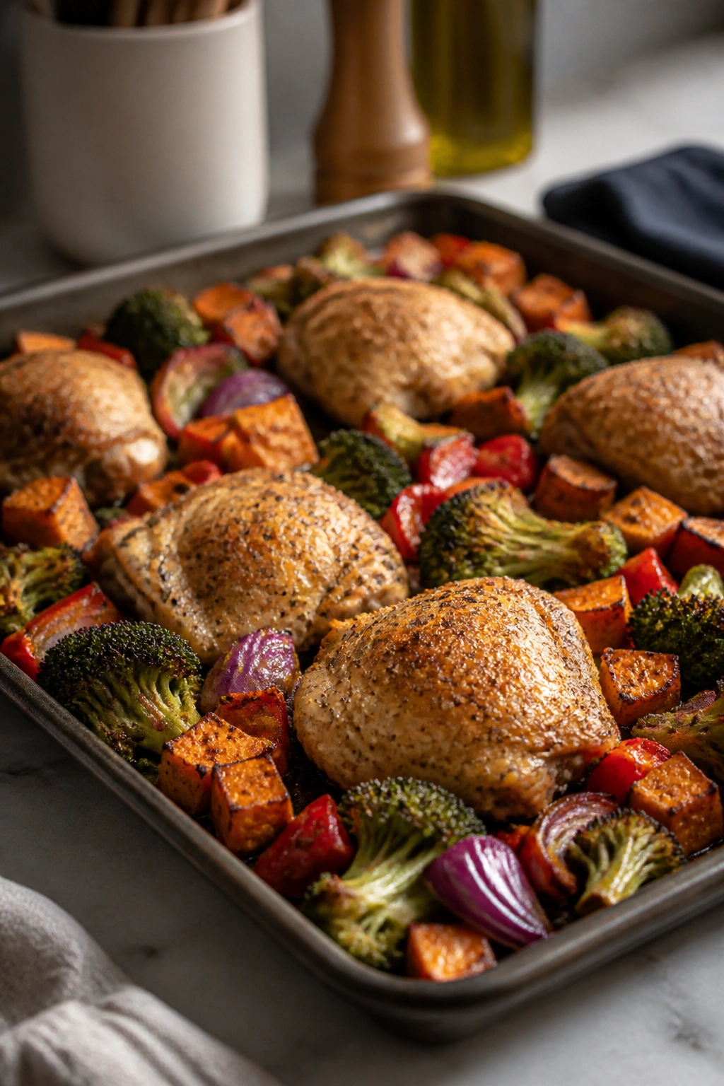 Sheet-pan batch-cooked meal ready in a home kitchen.