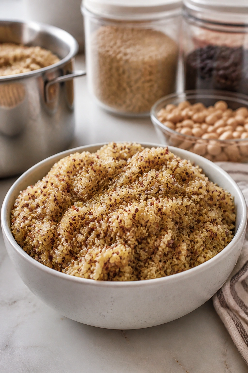Bowl of fluffy quinoa ready for meal prep on a kitchen counter