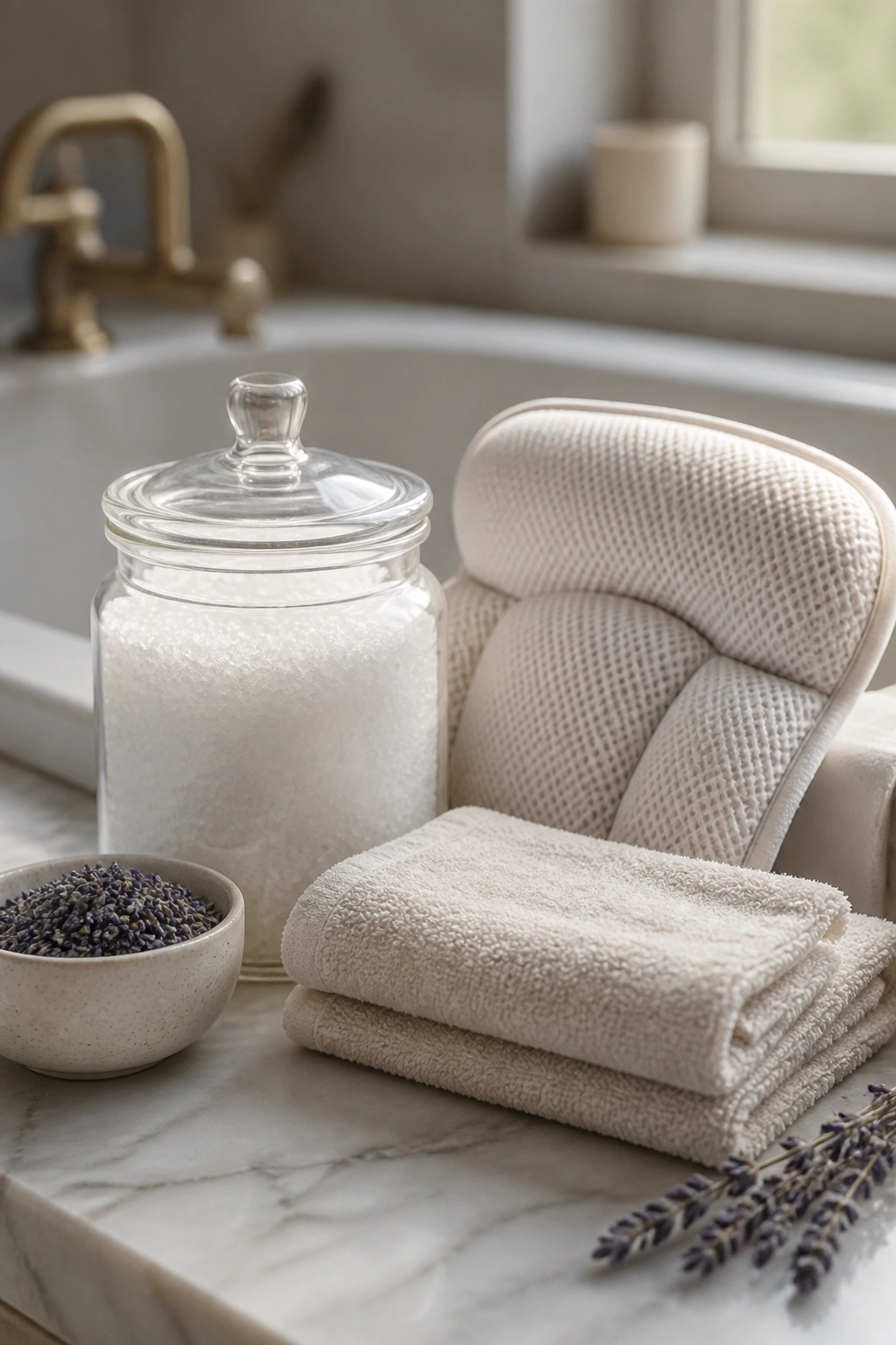 Bath soak set with Epsom salt, bath pillow, and towel on bathroom counter