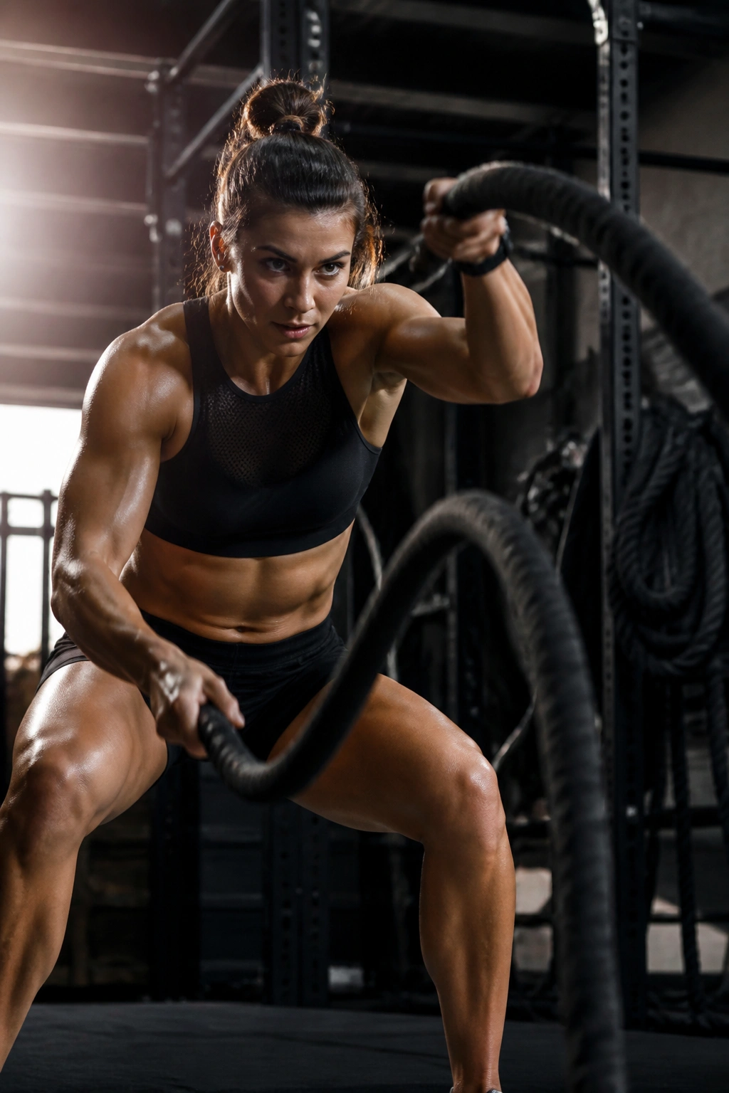 Athlete performing battle rope waves in a gym with strong upper-body emphasis