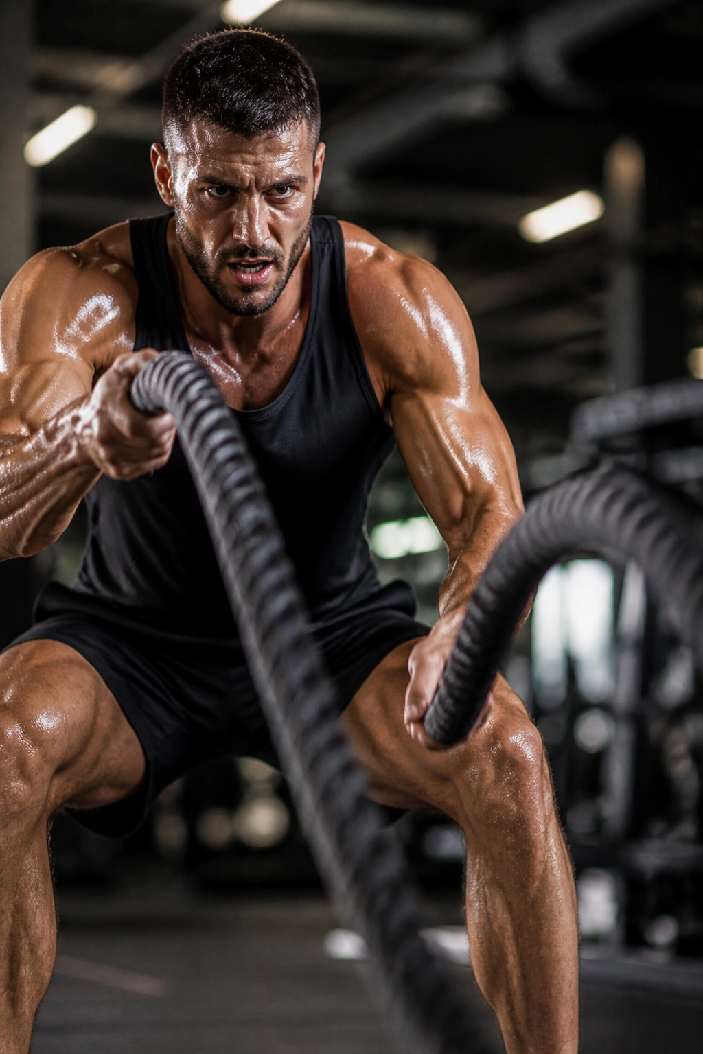 Athlete performing battle rope finisher with dynamic rope waves in gym.