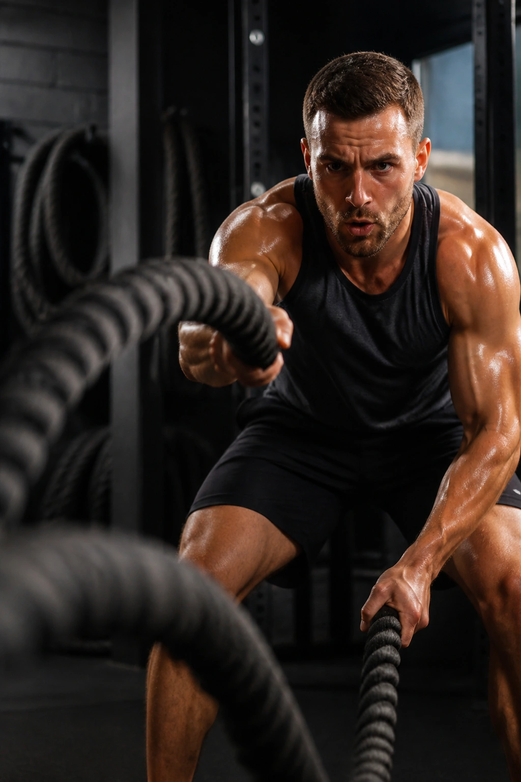 Athlete using battle ropes during a gym workout