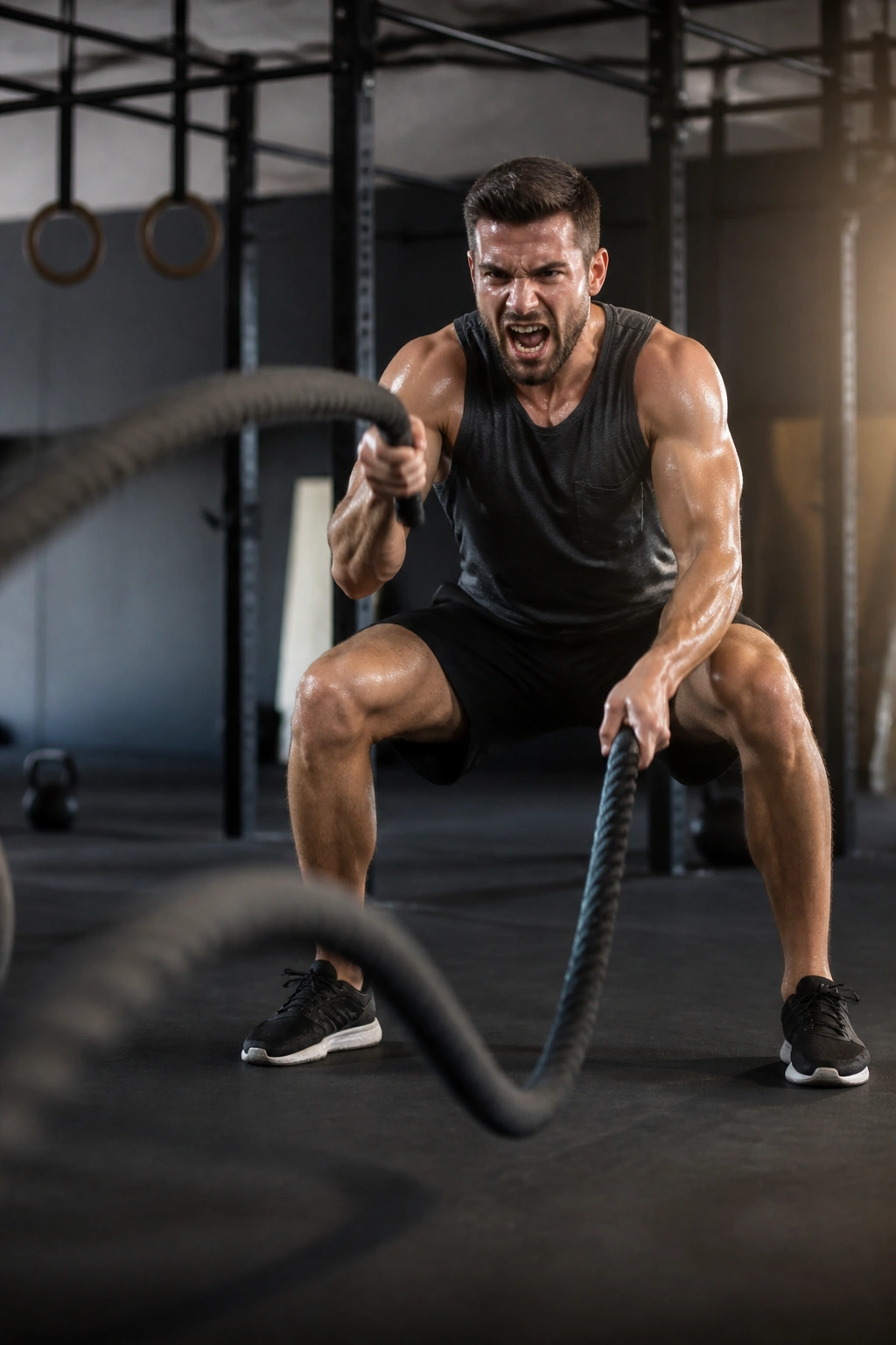 Athlete performing battle rope waves with dynamic motion in a gym