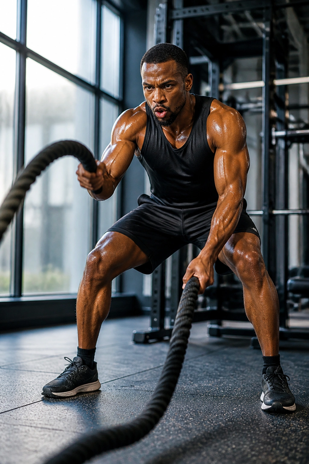 Athlete with battle ropes performing waves in gym