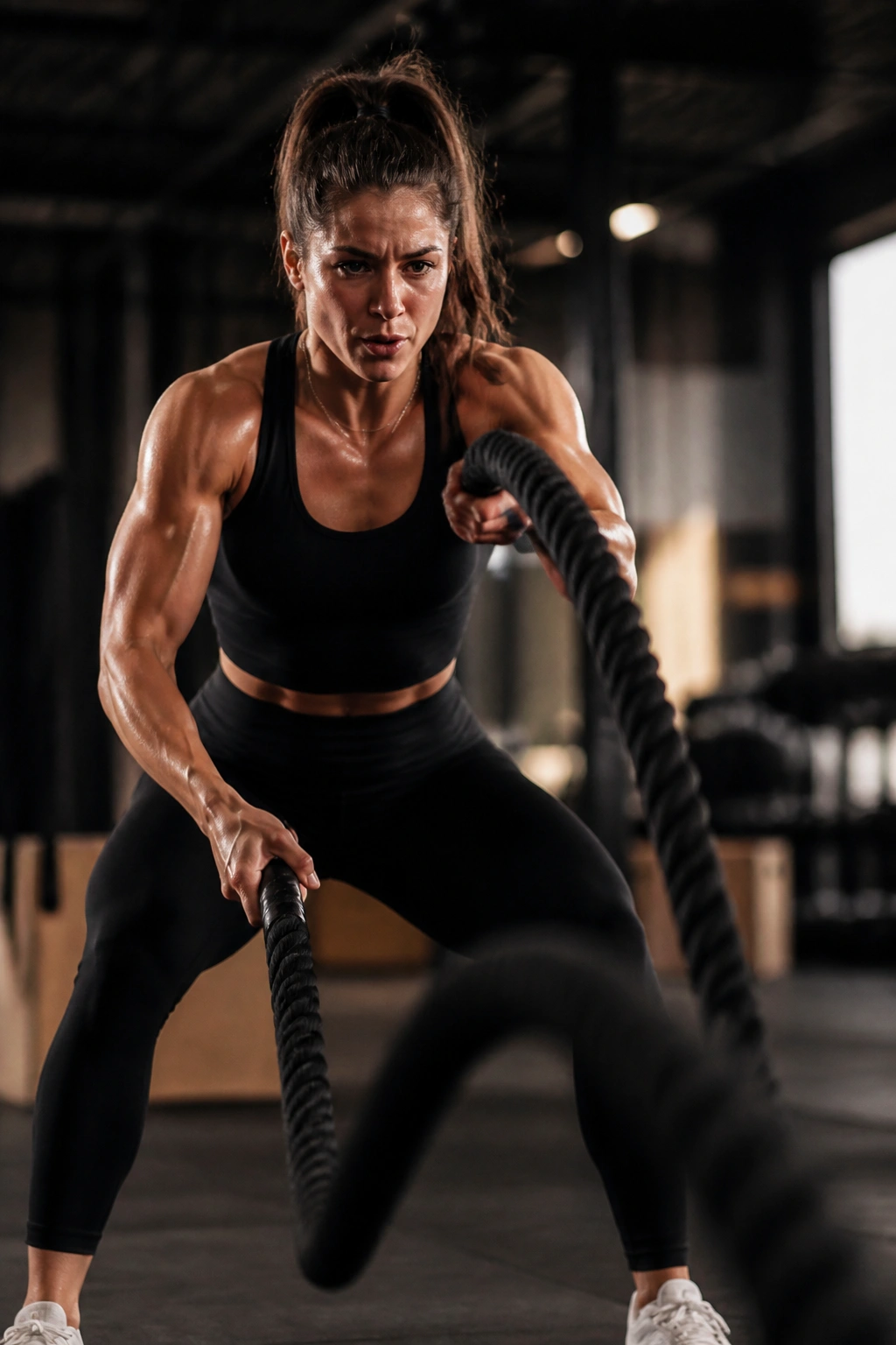 Athlete performing battle rope waves during intervals